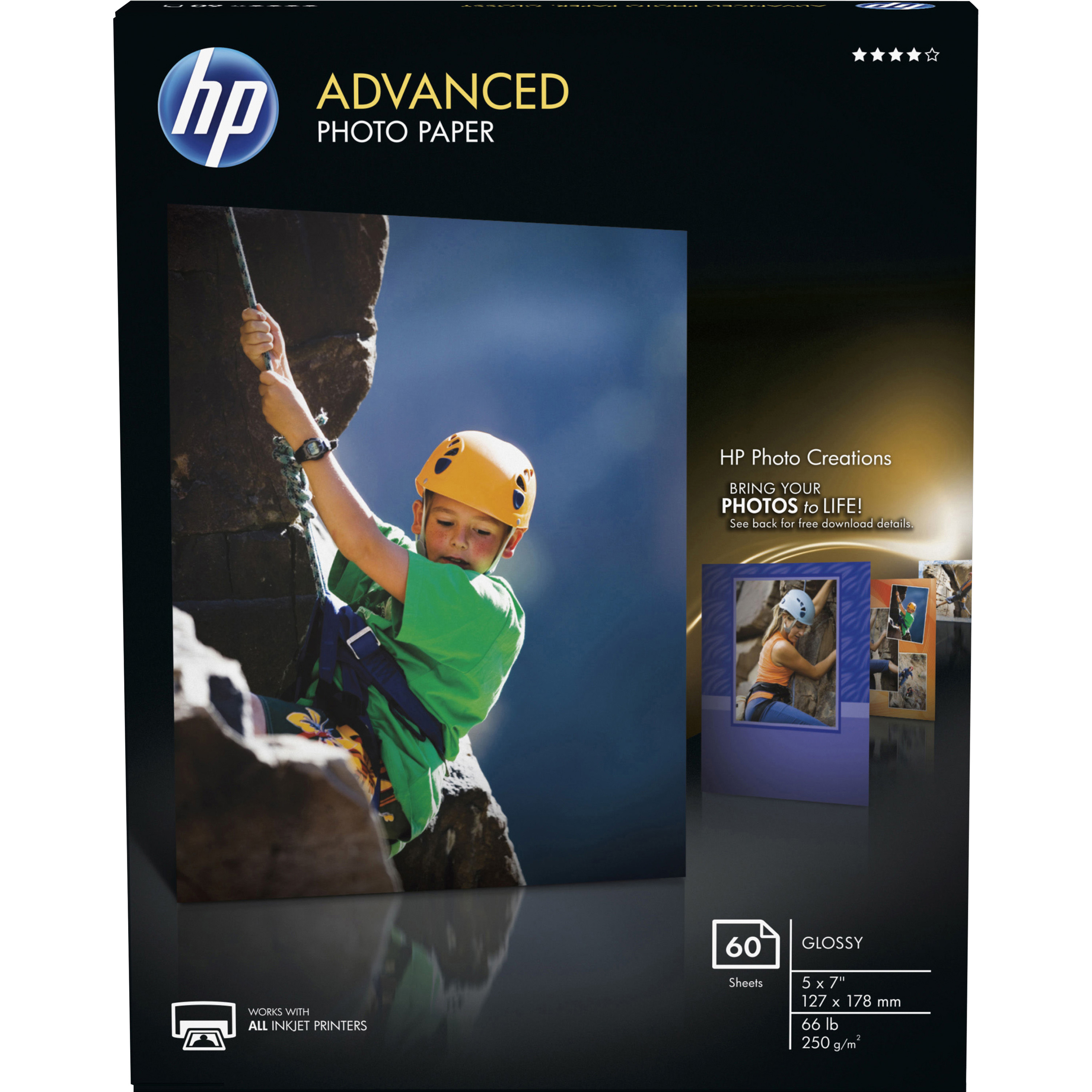 HP Advanced Glossy Photo Paper - 5" x 7" - 66 lb Basis Weight - Glossy - White - 60 / Pack