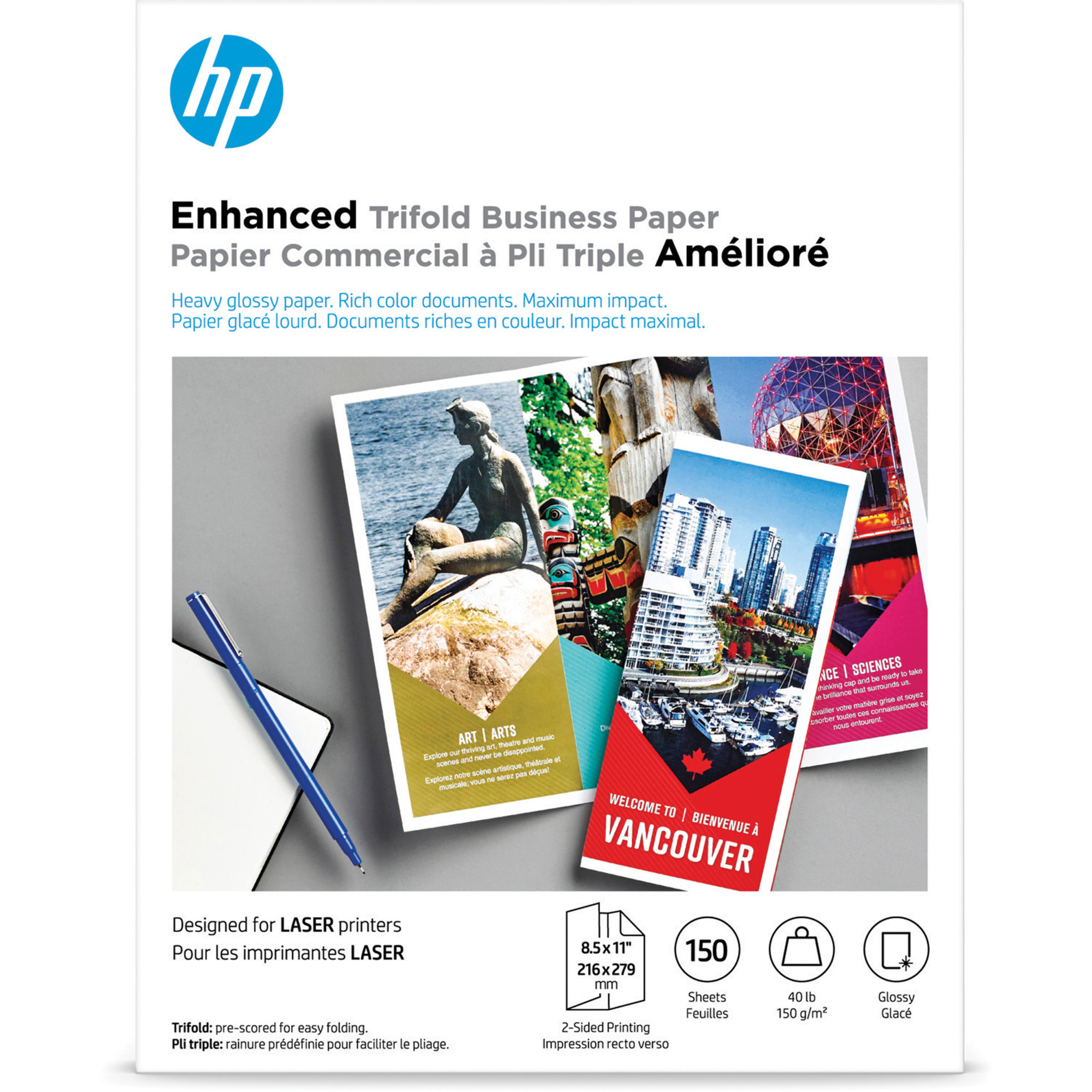 HP Trifold Brochure Paper - White - 97 Brightness - Letter - 8 1/2" x 11" - 40 lb Basis Weight - Smooth, Glossy - Double-sided - White - 1 Pack