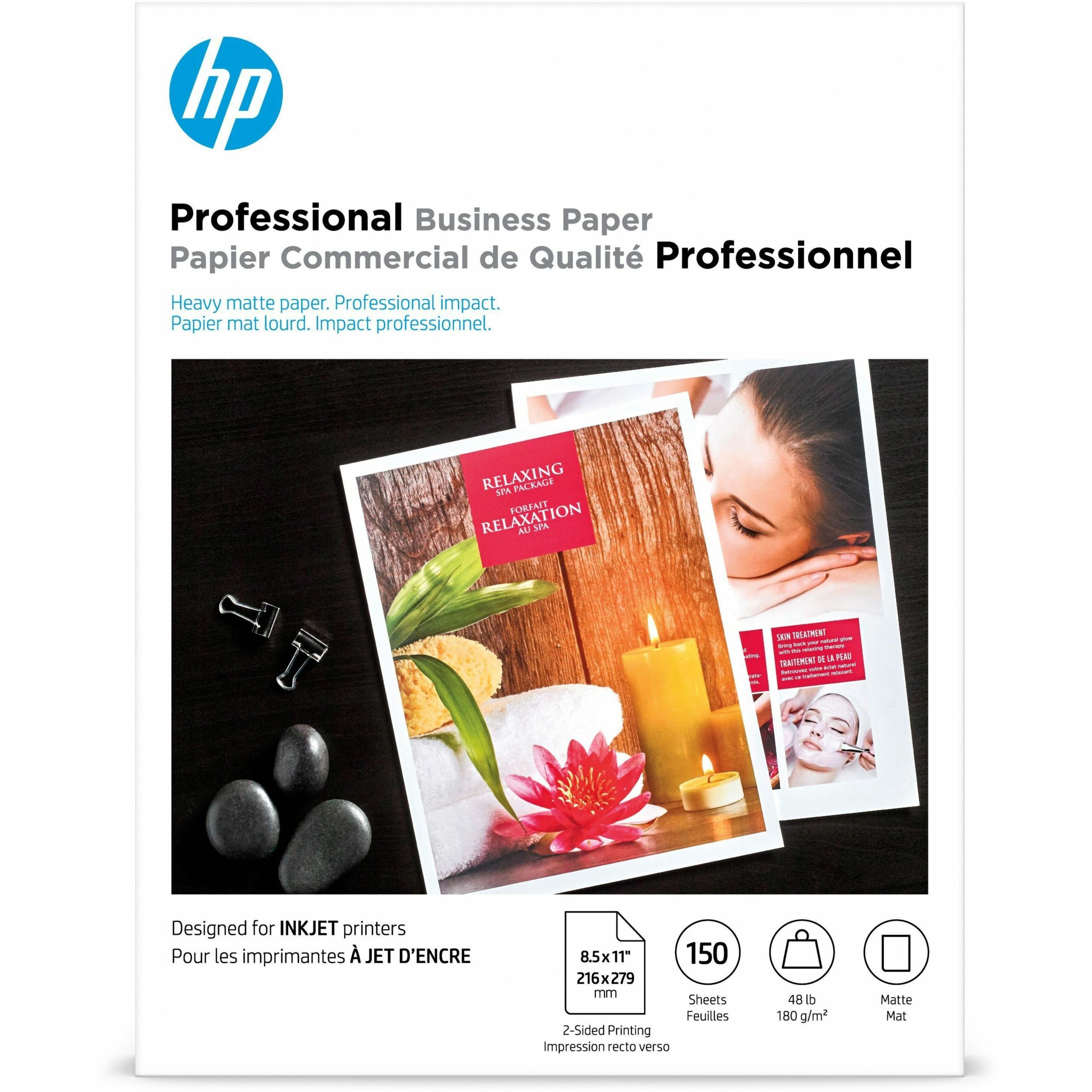 HP Matte Inkjet Brochure Paper - White - 103 Brightness - Letter - 8 1/2" x 11" - 48 lb Basis Weight - Matte - Heavyweight, Double-sided - White - 150 Sheets - 150 / Pack