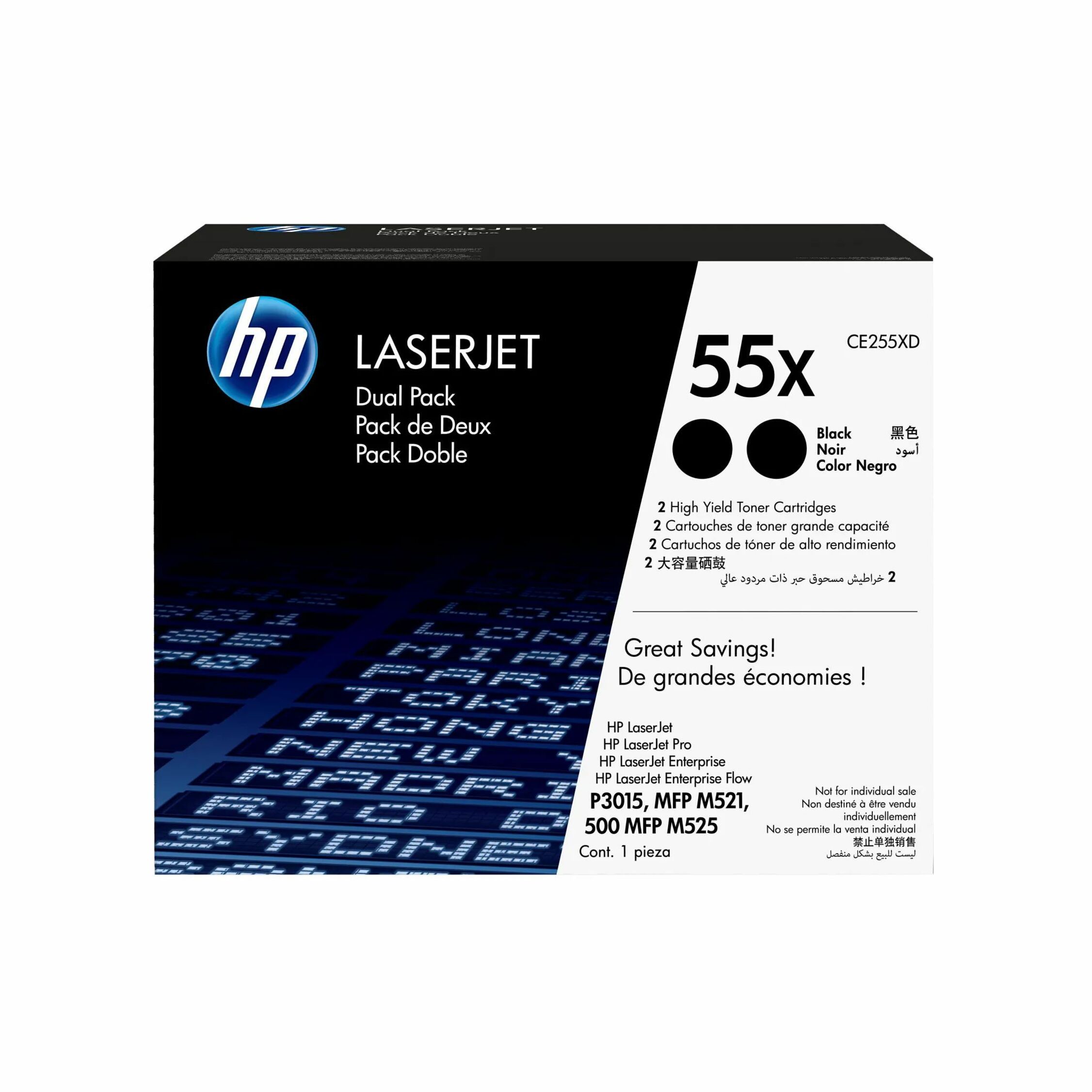 HP 55X (CE255XD) Original Laser Toner Cartridge - Dual Pack - Black - 1 Carton - 12500 Pages
