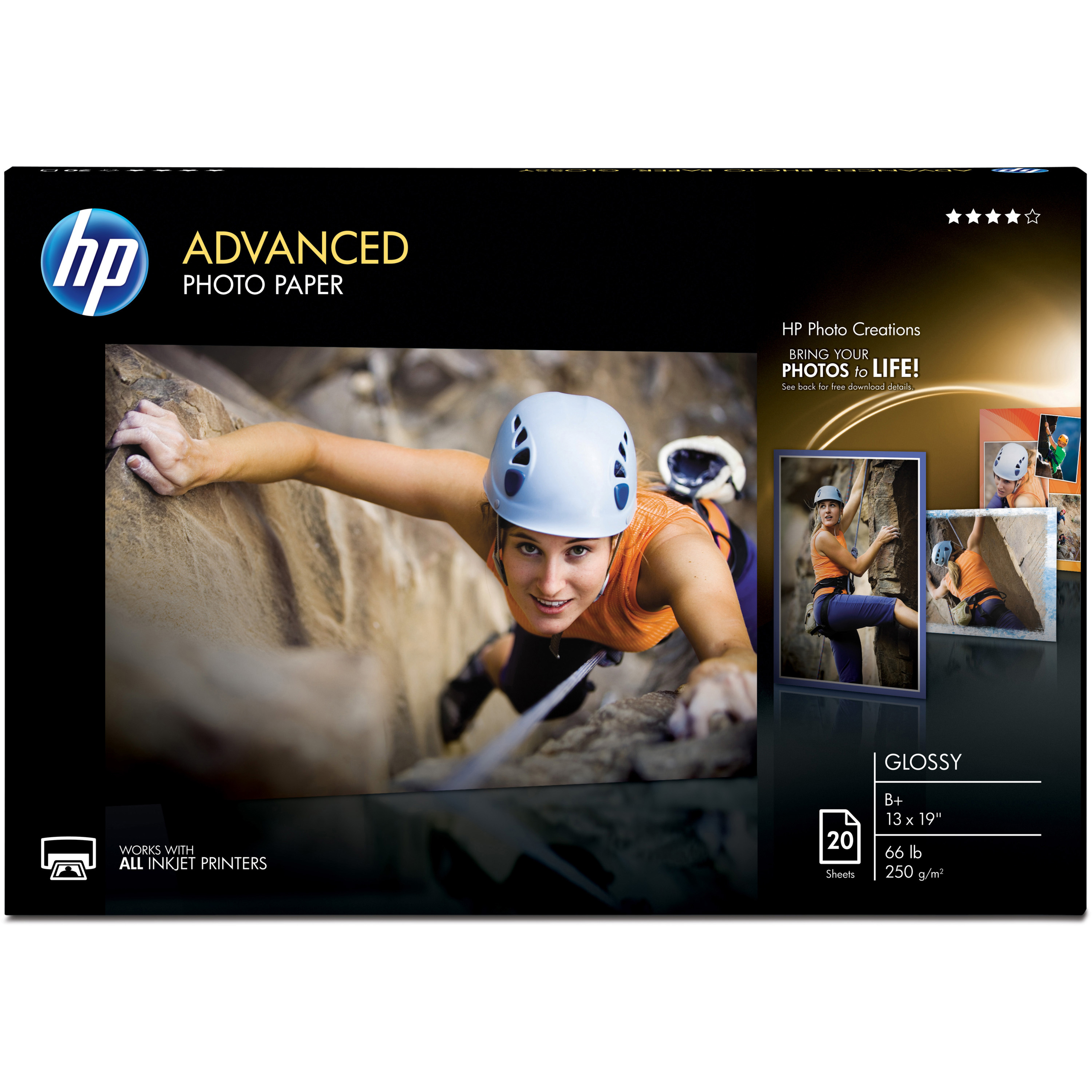 HP CR696A Advanced Glossy Photo Paper - Super B - 13" x 19" - 66 lb Basis Weight - Glossy - Quick Drying, Water Resistant, Smear Resistant, Humidity Resistant, Smudge Resistant - 20 / Pack