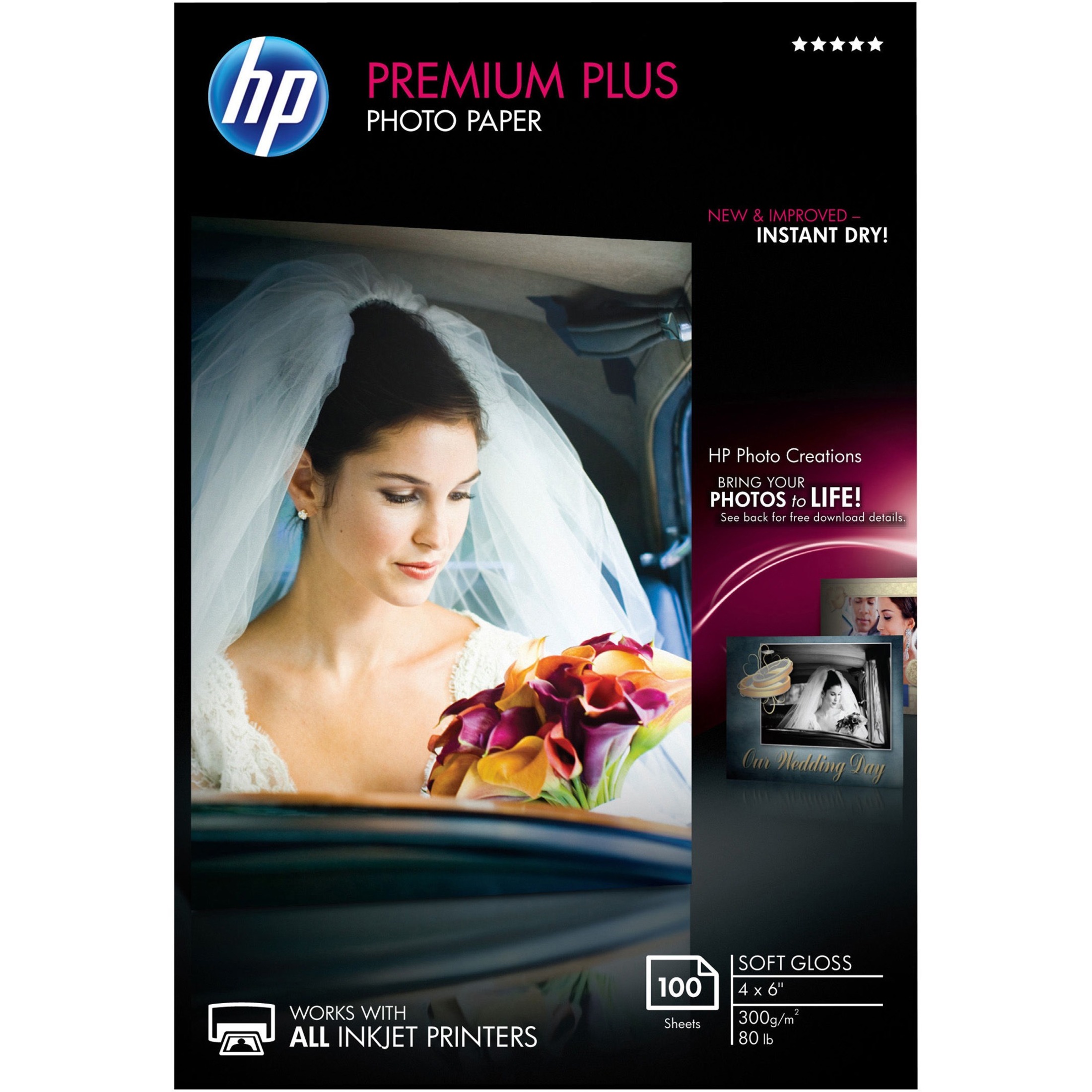 HP Premium Plus 4x6 Soft Gloss Photo Paper - 4" x 6" - 80 lb Basis Weight - Soft Gloss - Design for the Environment (DfE) - Smudge Proof, Water Resistant, Quick Drying - White - 1 / Pack