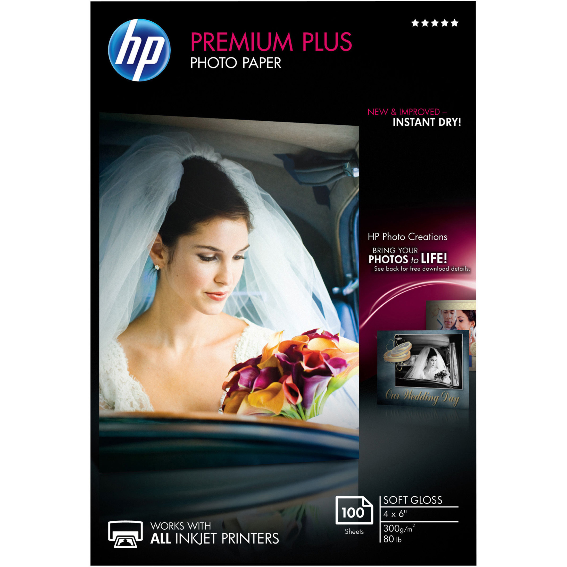 HP Premium Plus 4x6 Soft Gloss Photo Paper - 4" x 6" - 80 lb Basis Weight - Soft Gloss - Design for the Environment (DfE) - Smudge Proof, Water Resistant, Quick Drying - White - 1 / Pack