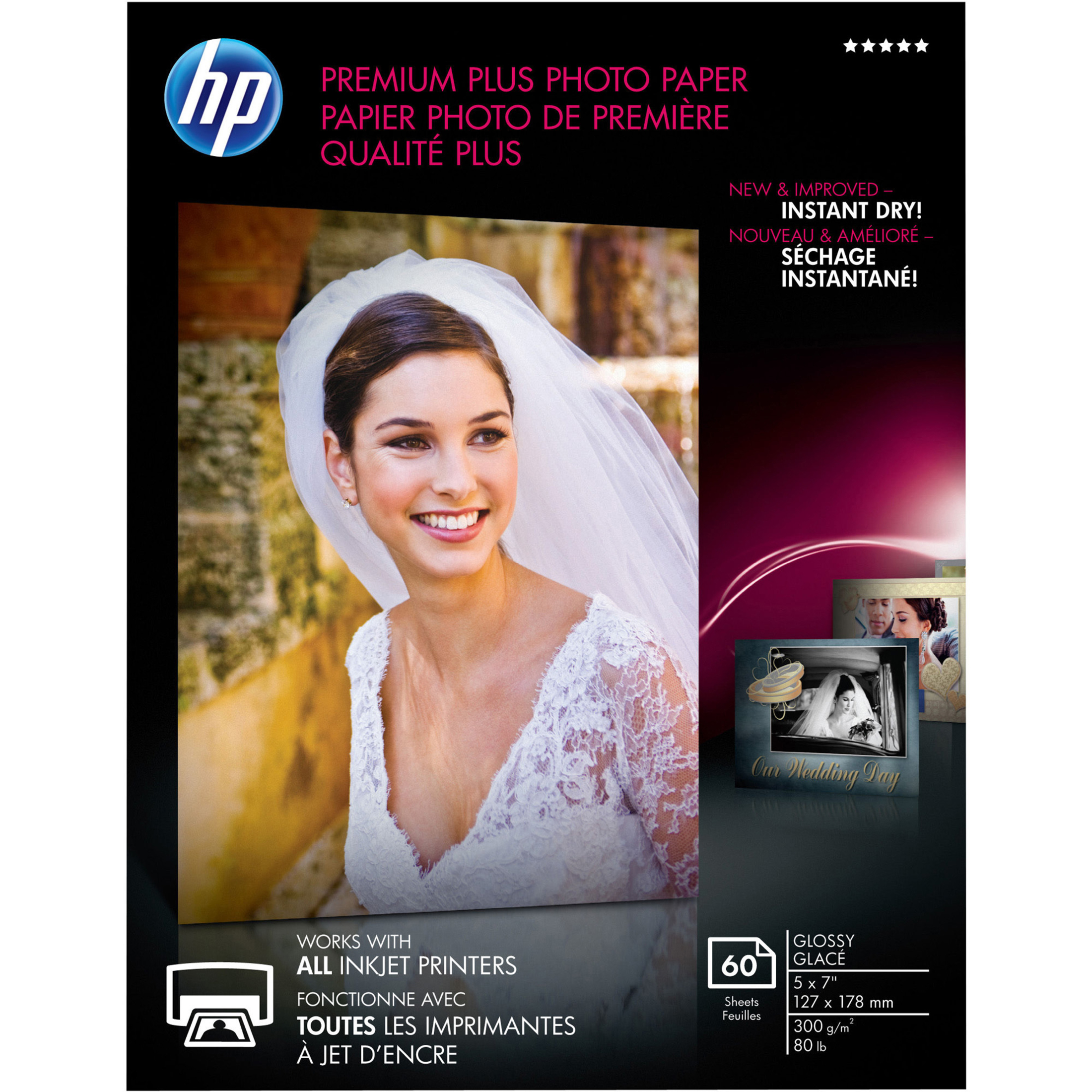 HP Premium Plus 5x7 Photo Paper - 5" x 7" - 80 lb Basis Weight - Glossy - Design for the Environment (DfE) - Smudge Proof, Water Resistant, Quick Drying - White - 60 / Pack