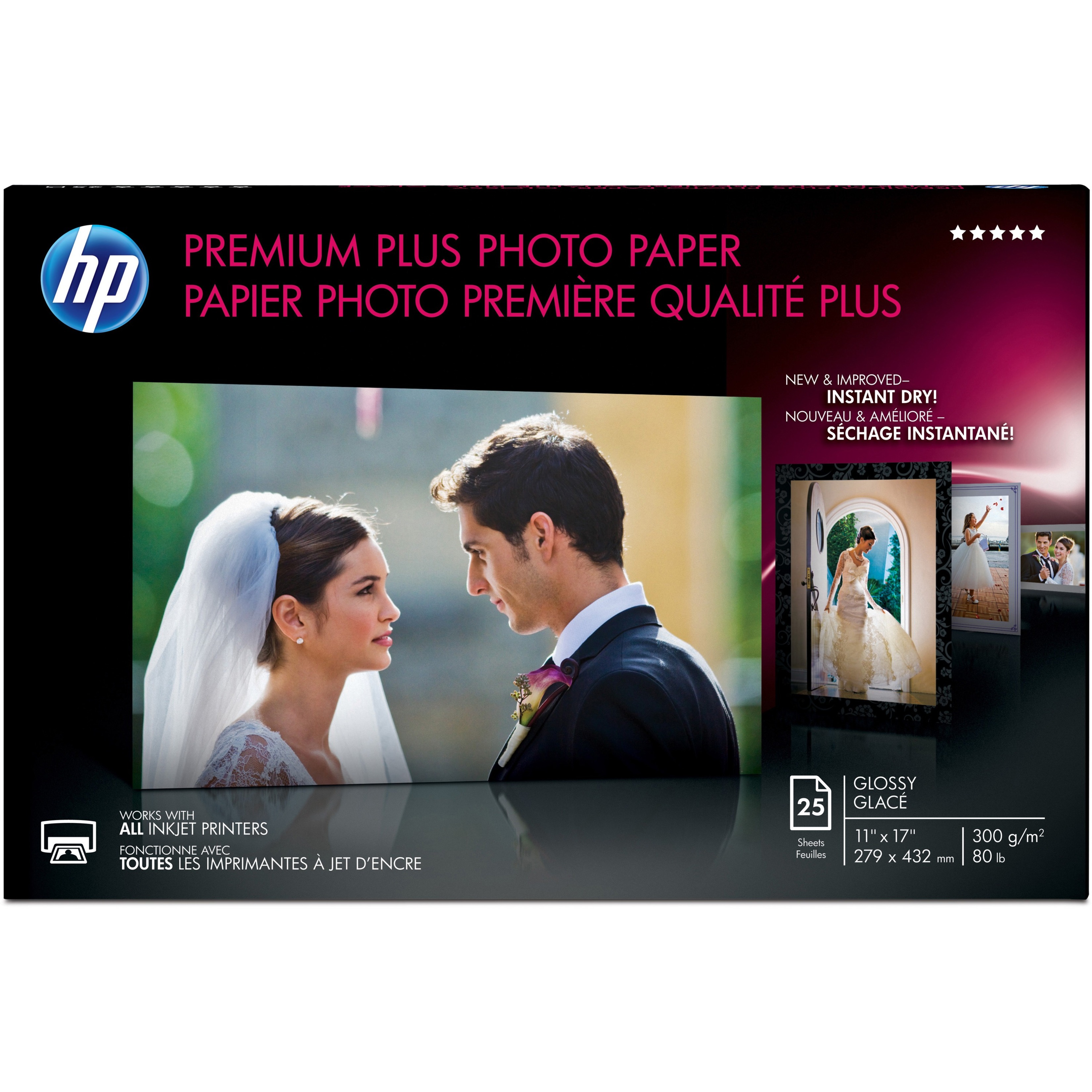 HP Premium Plus Glossy Tabloid Photo Paper - 11" x 17" - 80 lb Basis Weight - Glossy - Water Resistant, Smudge-free, Long Lasting, Fast-drying, Fade Resistant - White - 25 / Pack
