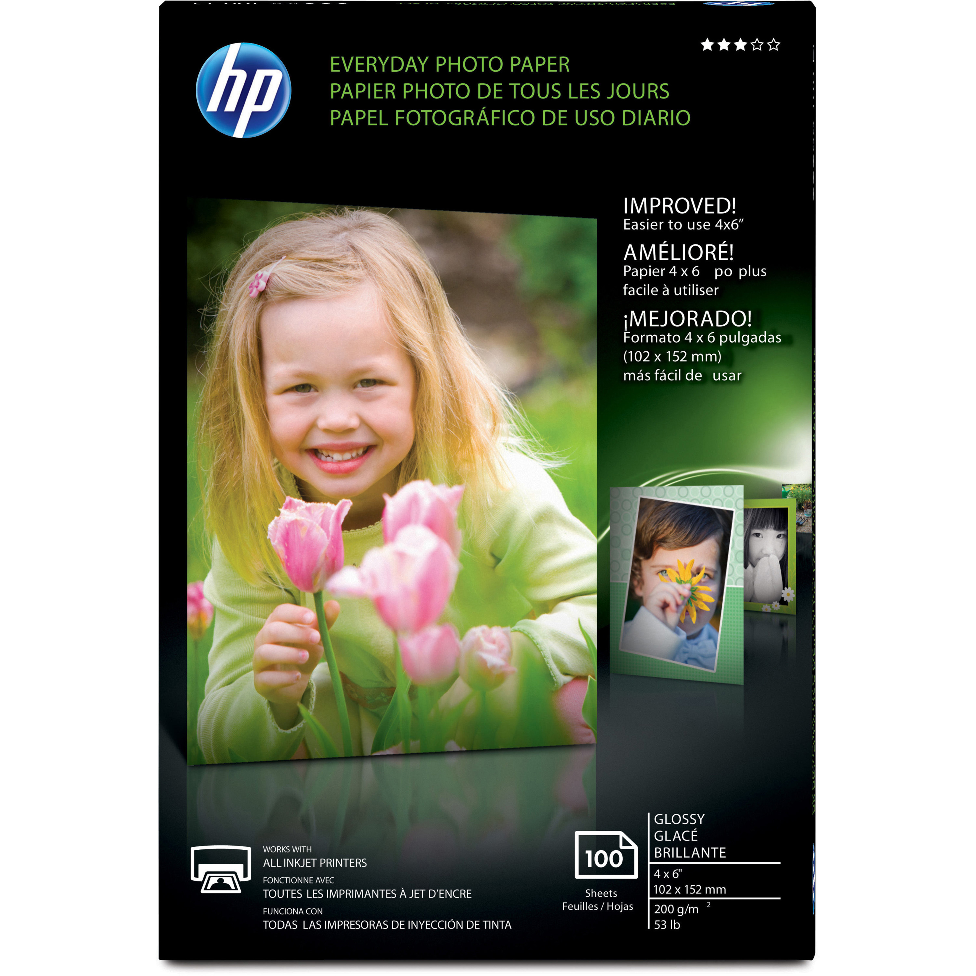 HP Everyday Photo 4x6 Glossy Paper - 4" x 6" - 53 lb Basis Weight - Glossy - Design for the Environment (DfE) - Quick Drying - White - 100 / Pack