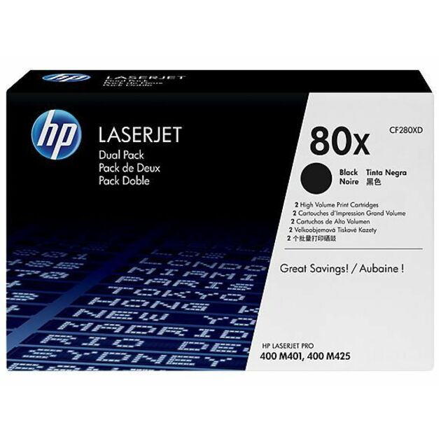 HP 80X (CF280XD) Original High Yield Laser Toner Cartridge - Dual Pack - Black - 1 Carton - 6900 Pages