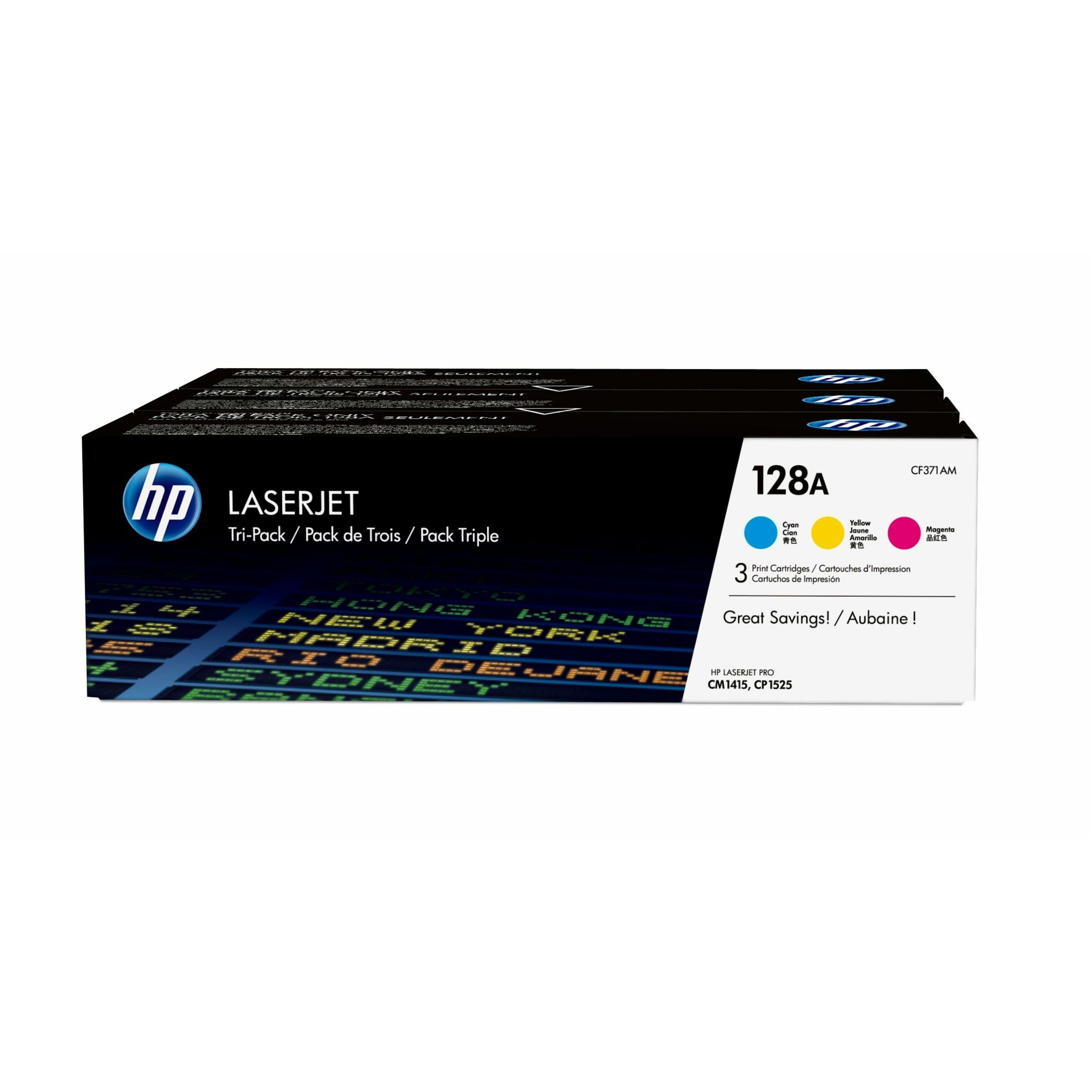 HP 128A (CF371AM) Original Laser Toner Cartridge - Tri-pack - Cyan, Magenta, Yellow - 1 Carton - 1300 Pages