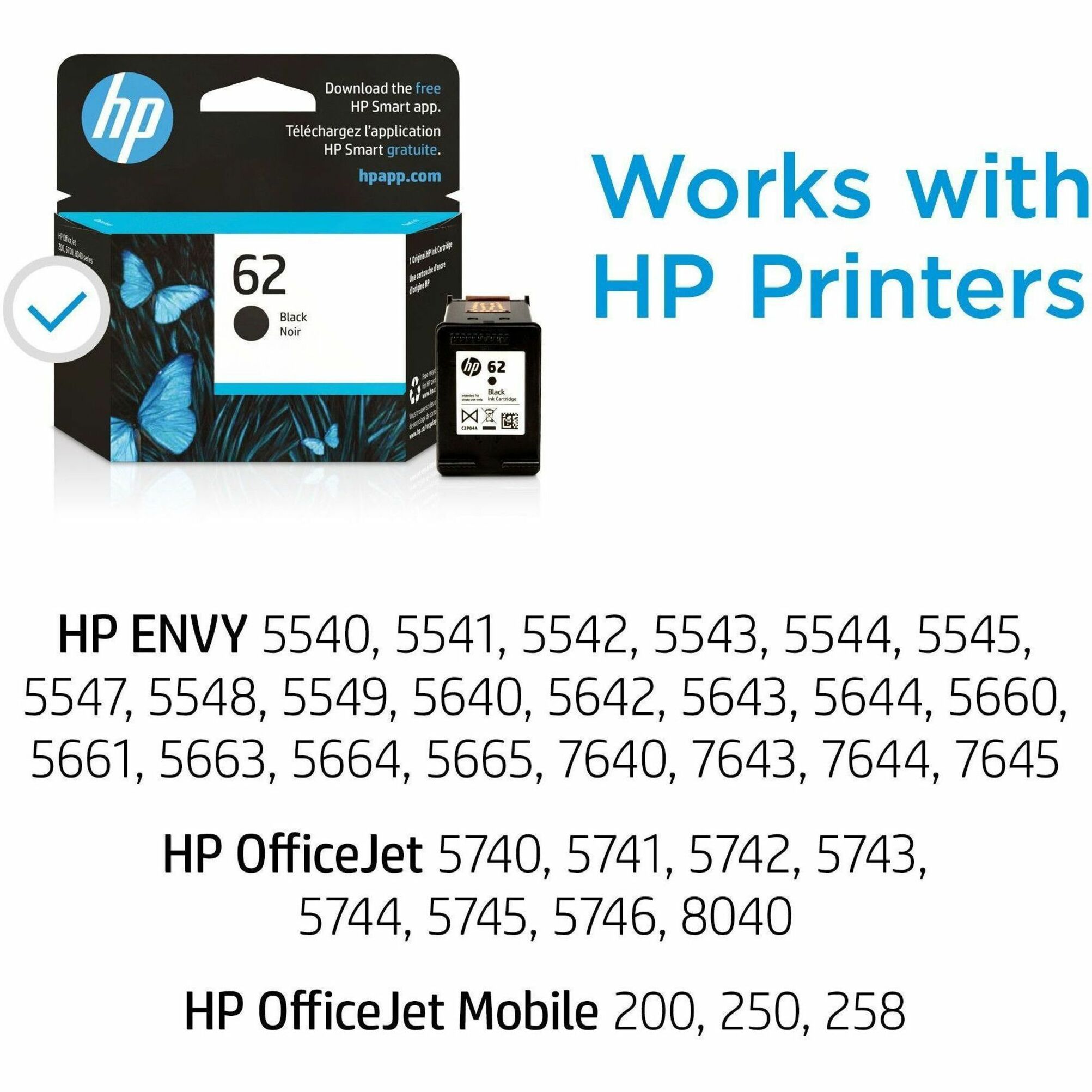 HP 62 Original Ink Cartridge - Single Pack - Inkjet - 200 Pages - Black - 1 Each — alternate image1
