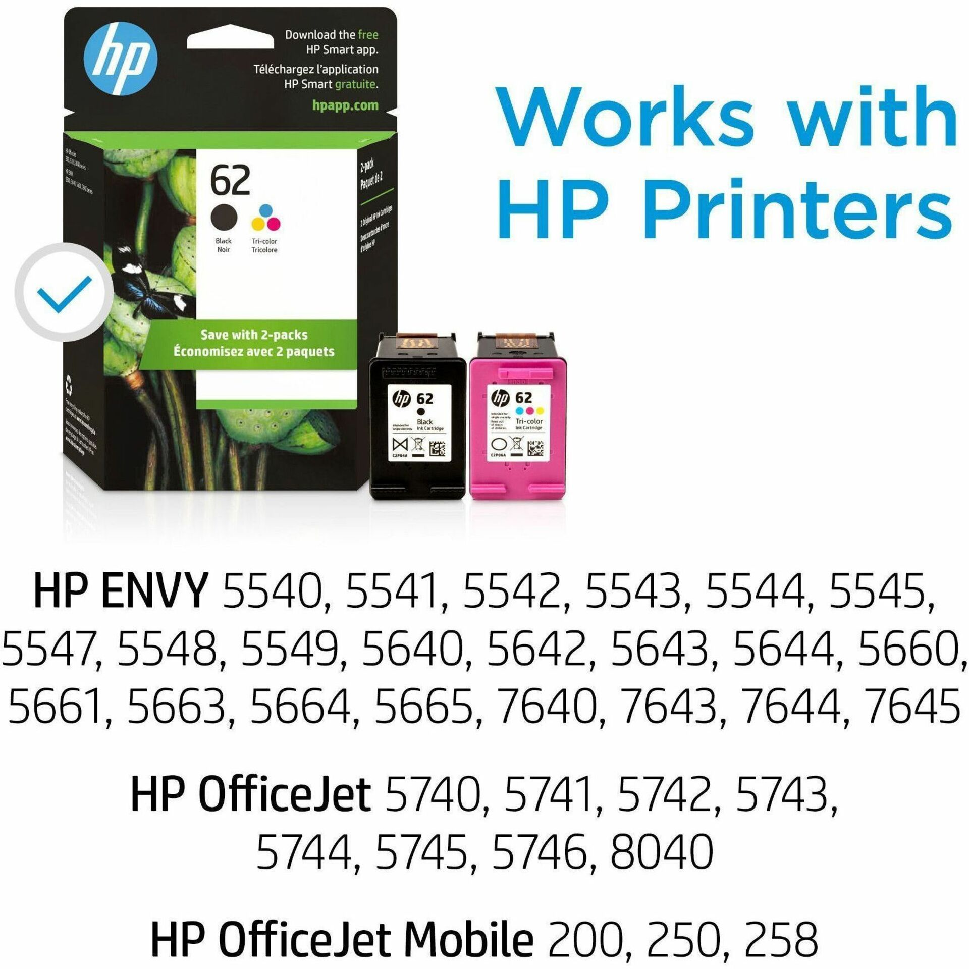 HP 62 Original Inkjet Ink Cartridge - Black, Tri-color - 2 / Pack - 200 Pages Black, 165 Pages Tri-color — alternate image1