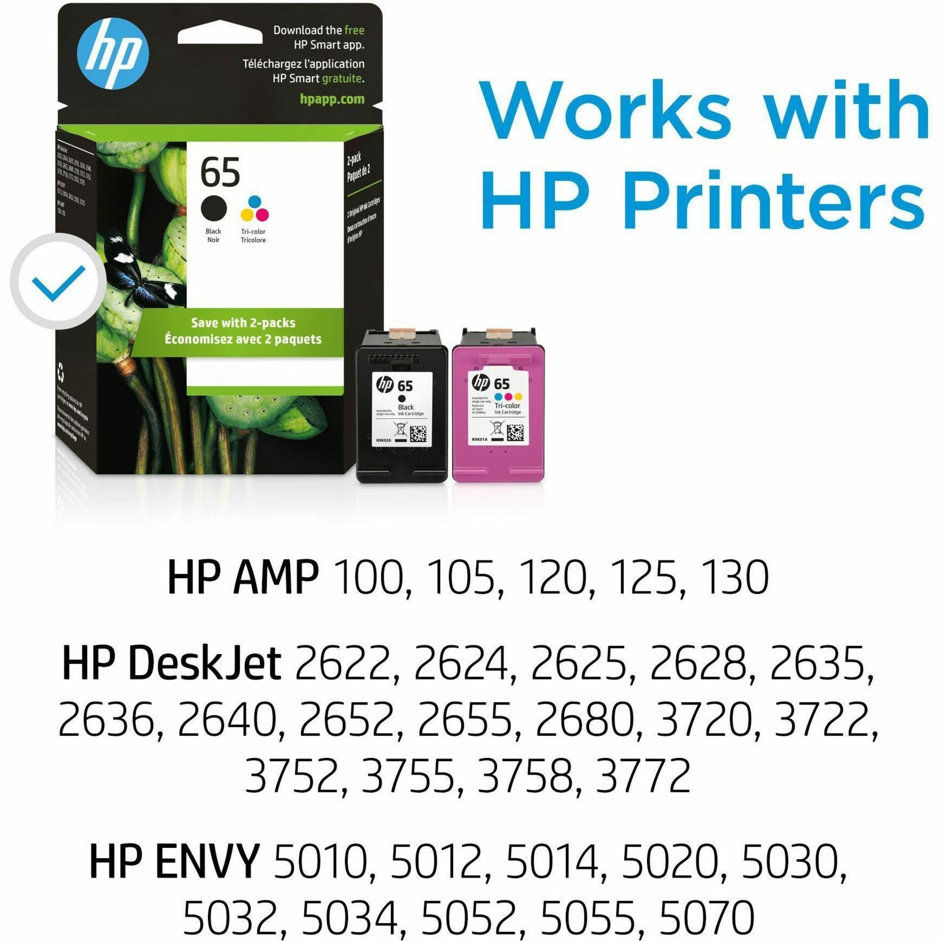HP 65 Original Standard Yield Inkjet Ink Cartridge - Pigment Black, Tri-color - 2 / Pack - 120 Pages Black, 100 Pages Tri-color — alternate image2