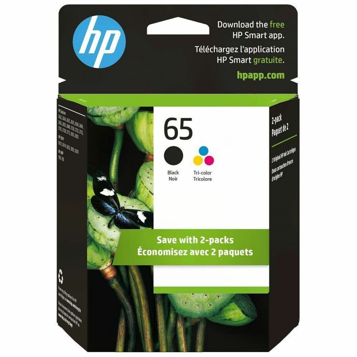HP 65 Original Standard Yield Inkjet Ink Cartridge - Pigment Black, Tri-color - 2 / Pack - 120 Pages Black, 100 Pages Tri-color