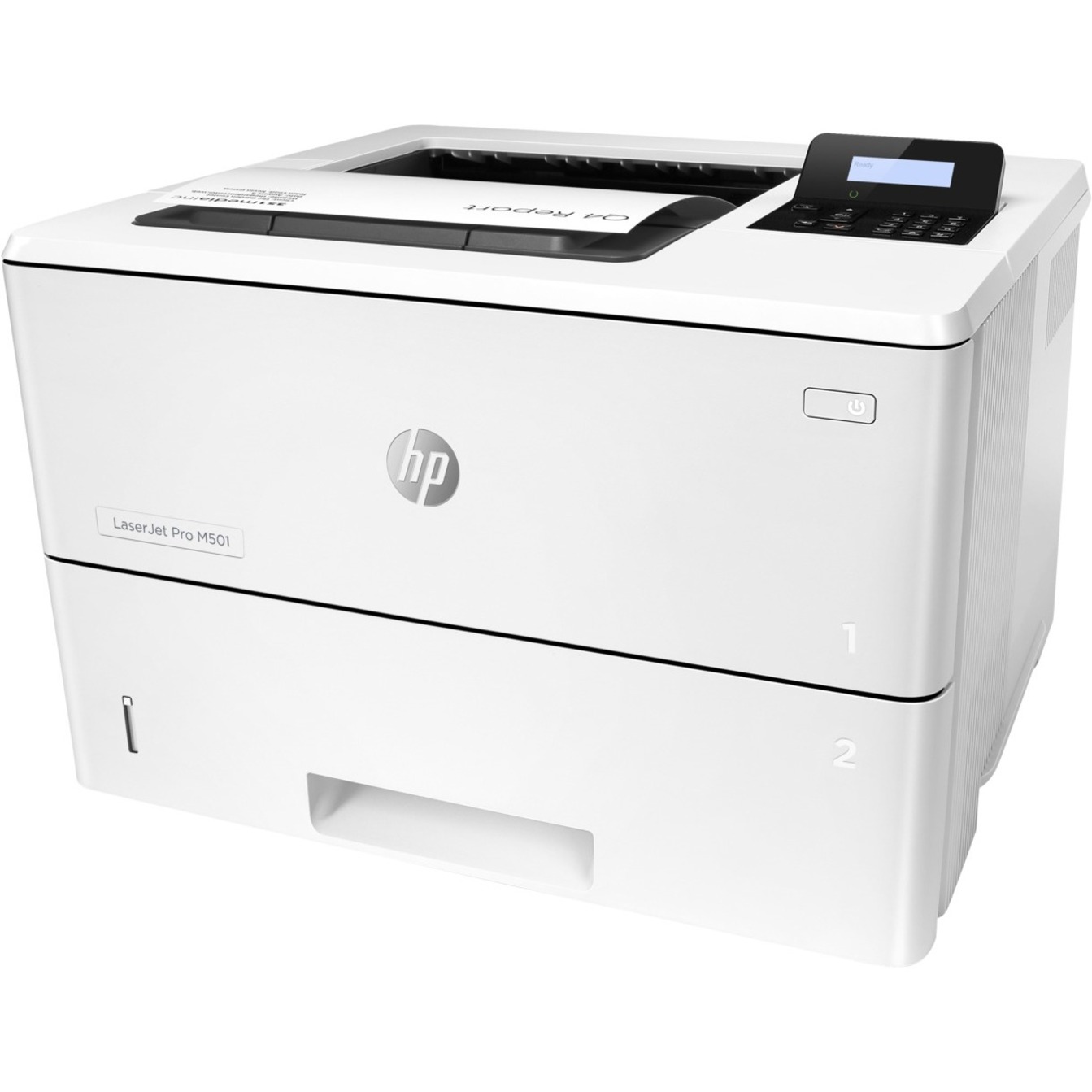HP LaserJet Pro M501 M501dn Desktop Laser Printer - Monochrome - 45 ppm Mono - 4800 x 600 dpi Print - Automatic Duplex Print - 650 Sheets Input - Ethernet - HP ePrint, Apple AirPrint, Mopria - 100000 Pages Duty Cycle - Plain Paper Print - USB — left