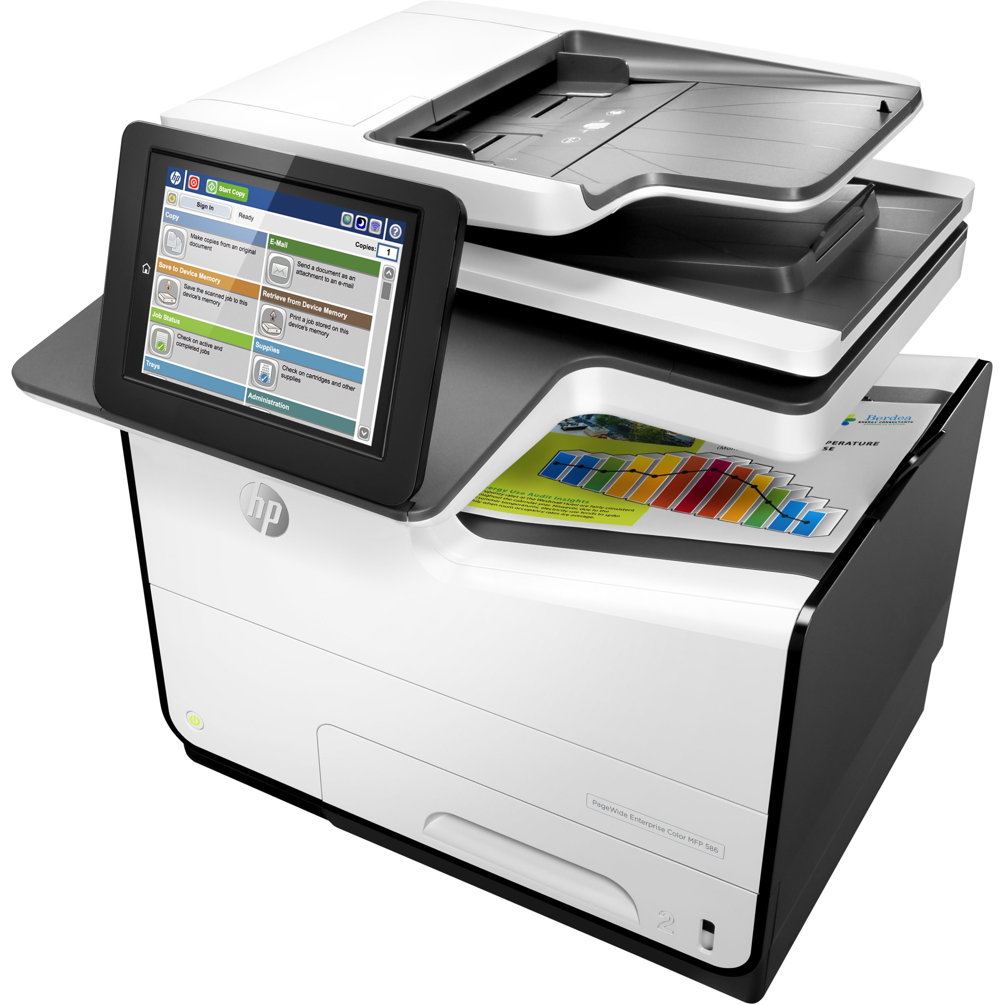 HP PageWide 586 586dn Page Wide Array Multifunction Printer-Color-Copier/Scanner-50 ppm Mono/50 ppm Color Print-2400x1200 Print-Automatic Duplex Print-80000 Pages Monthly-550 sheets Input-Color Scanner-600 Optical Scan-Gigabit Ethernet - Copier/Printer/Scanner - 50 ppm Mono/50 ppm Color Print - 2400 x 1200 dpi Print - Automatic Duplex Print - Up to 80000 Pages Monthly - 550 sheets Input - Color Scanner - 600 dpi Optical Scan - Gigabit Ethernet - USB - For Plain Paper Print — left