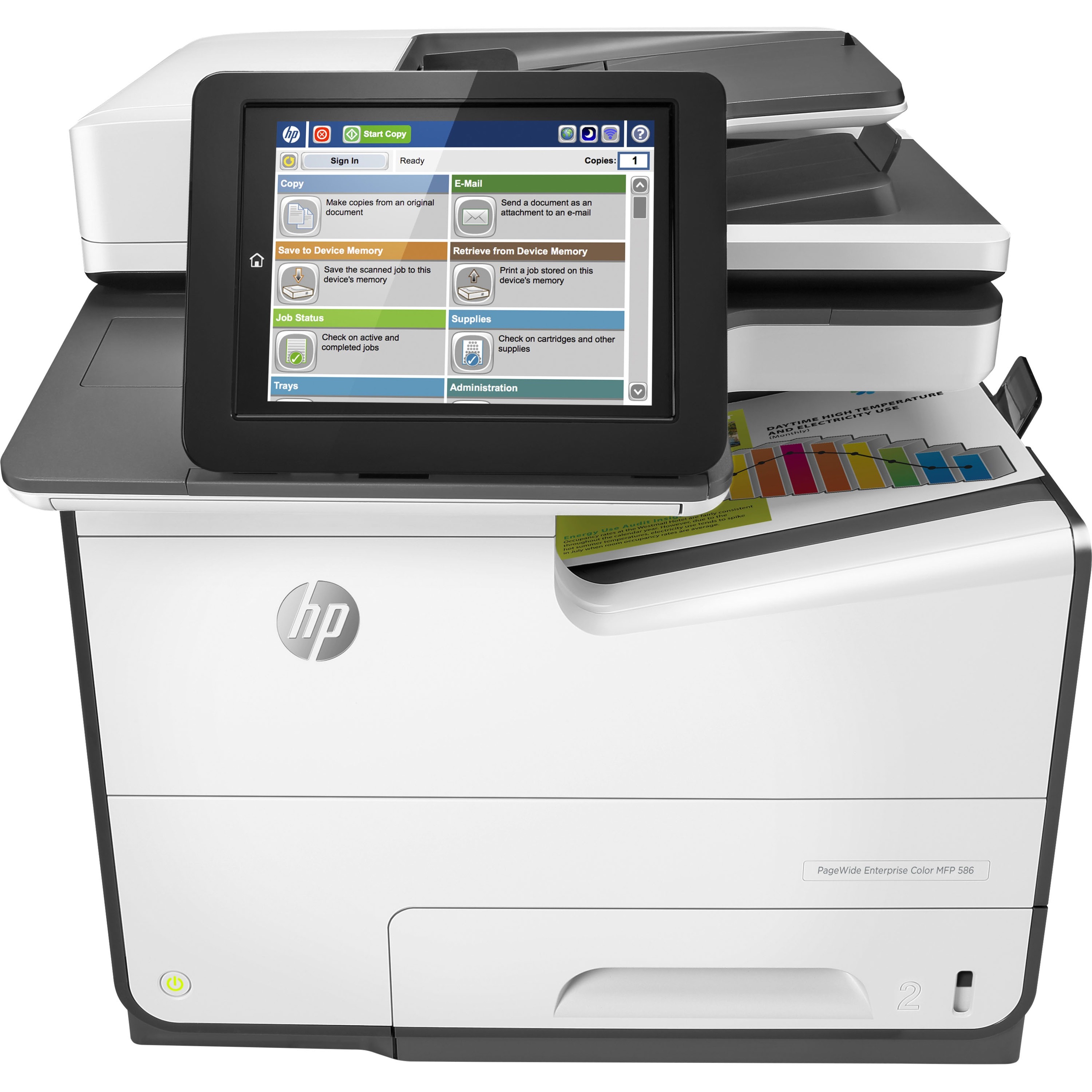 HP PageWide 586 586dn Page Wide Array Multifunction Printer-Color-Copier/Scanner-50 ppm Mono/50 ppm Color Print-2400x1200 Print-Automatic Duplex Print-80000 Pages Monthly-550 sheets Input-Color Scanner-600 Optical Scan-Gigabit Ethernet - Copier/Printer/Scanner - 50 ppm Mono/50 ppm Color Print - 2400 x 1200 dpi Print - Automatic Duplex Print - Up to 80000 Pages Monthly - 550 sheets Input - Color Scanner - 600 dpi Optical Scan - Gigabit Ethernet - USB - For Plain Paper Print