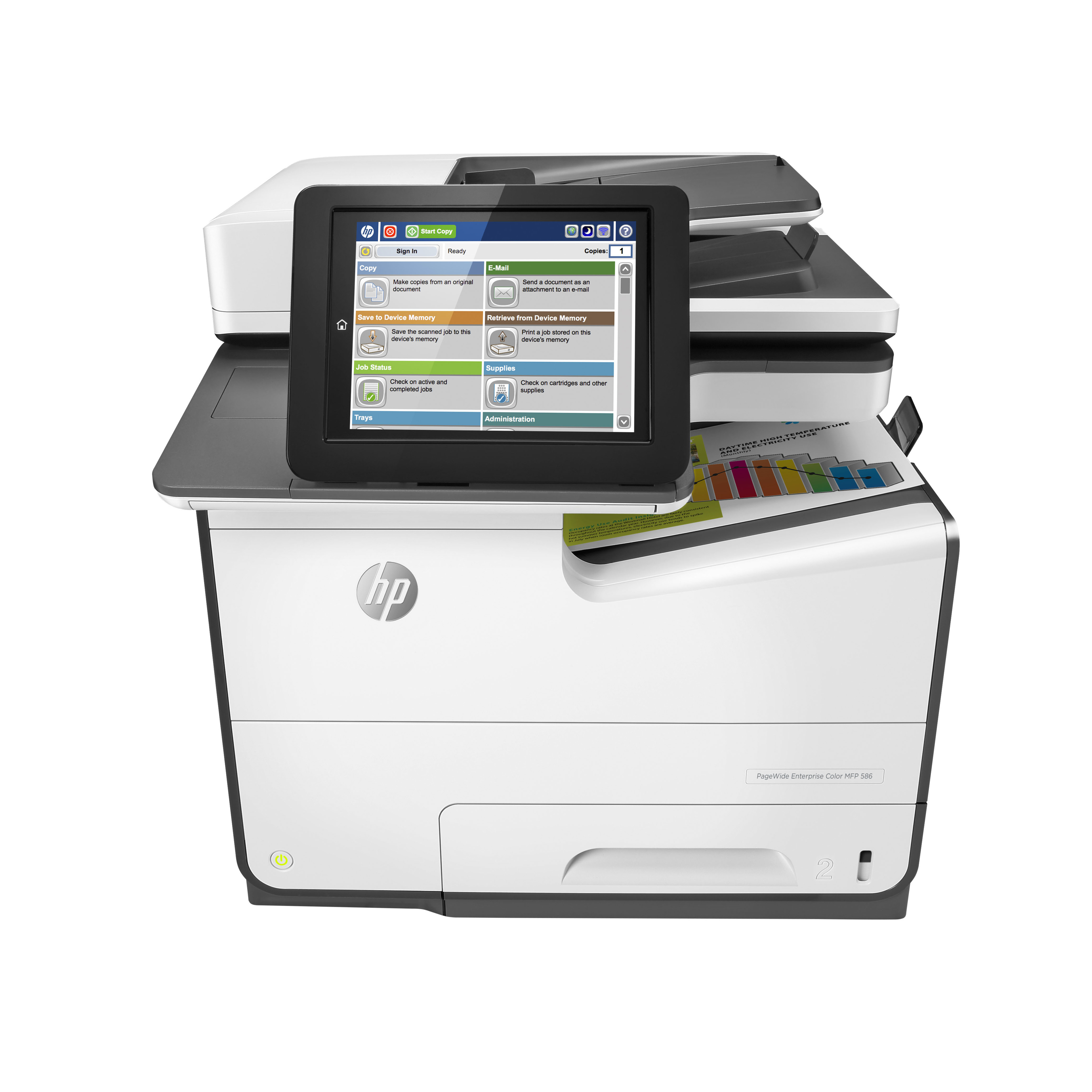 HP PageWide 586 586dn Page Wide Array Multifunction Printer-Color-Copier/Scanner-50 ppm Mono/50 ppm Color Print-2400x1200 Print-Automatic Duplex Print-80000 Pages Monthly-550 sheets Input-Color Scanner-600 Optical Scan-Gigabit Ethernet - Copier/Printer/Scanner - 50 ppm Mono/50 ppm Color Print - 2400 x 1200 dpi Print - Automatic Duplex Print - Up to 80000 Pages Monthly - 550 sheets Input - Color Scanner - 600 dpi Optical Scan - Gigabit Ethernet - USB - For Plain Paper Print