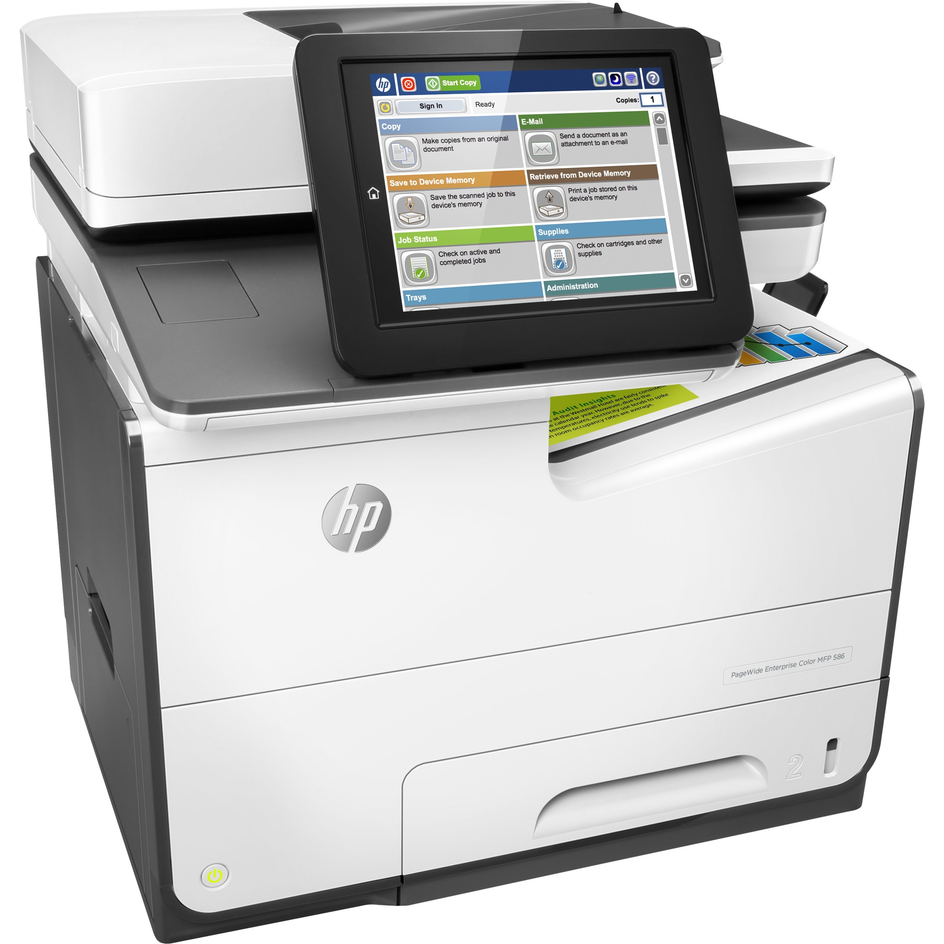 HP PageWide 586 586dn Page Wide Array Multifunction Printer-Color-Copier/Scanner-50 ppm Mono/50 ppm Color Print-2400x1200 Print-Automatic Duplex Print-80000 Pages Monthly-550 sheets Input-Color Scanner-600 Optical Scan-Gigabit Ethernet - Copier/Printer/Scanner - 50 ppm Mono/50 ppm Color Print - 2400 x 1200 dpi Print - Automatic Duplex Print - Up to 80000 Pages Monthly - 550 sheets Input - Color Scanner - 600 dpi Optical Scan - Gigabit Ethernet - USB - For Plain Paper Print — rightmaximum