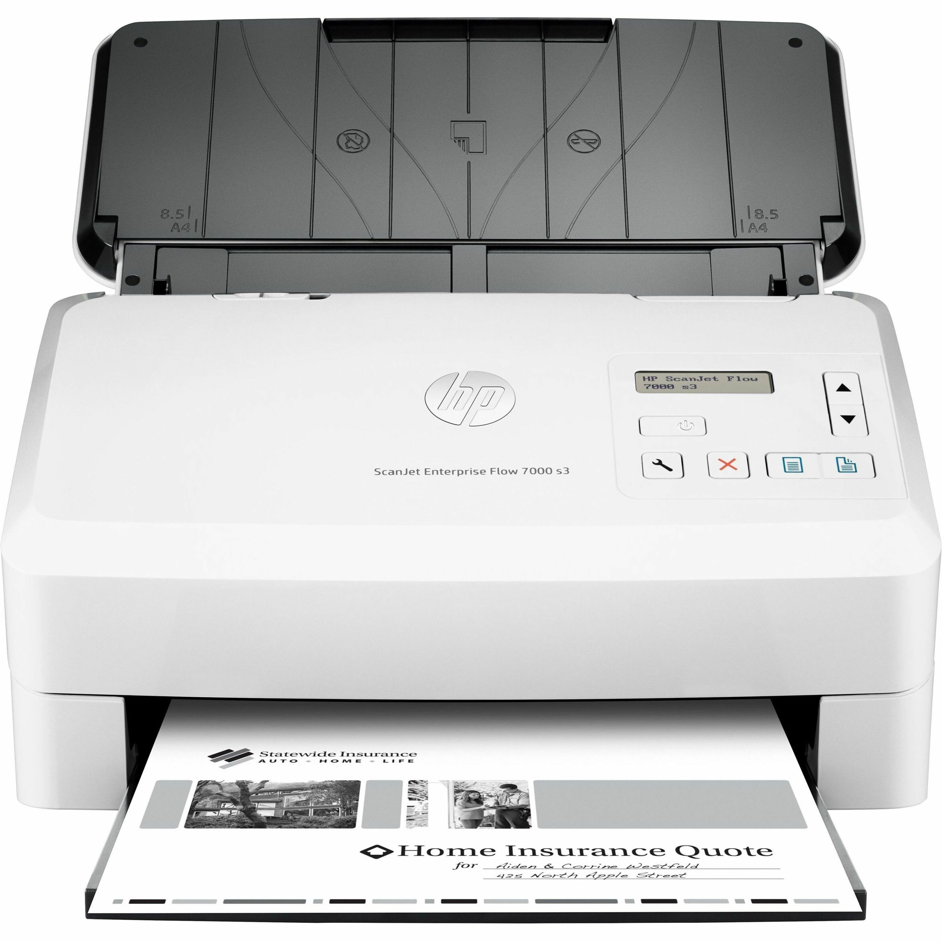 HP Scanjet Enterprise Flow 7000 s3 Sheetfed Scanner - 600 dpi Optical - 48-bit Color - 75 ppm (Mono) - 75 ppm (Color) - Color Scan - Duplex Scanning - Cut Sheet Paper, Laser Paper, Inkjet Paper, Pre-punched Paper, Check, Business Card, Carbonless Form, Plastic Carrier Sheet, Stapled Media, Plastic Card - USB — frontmaximum