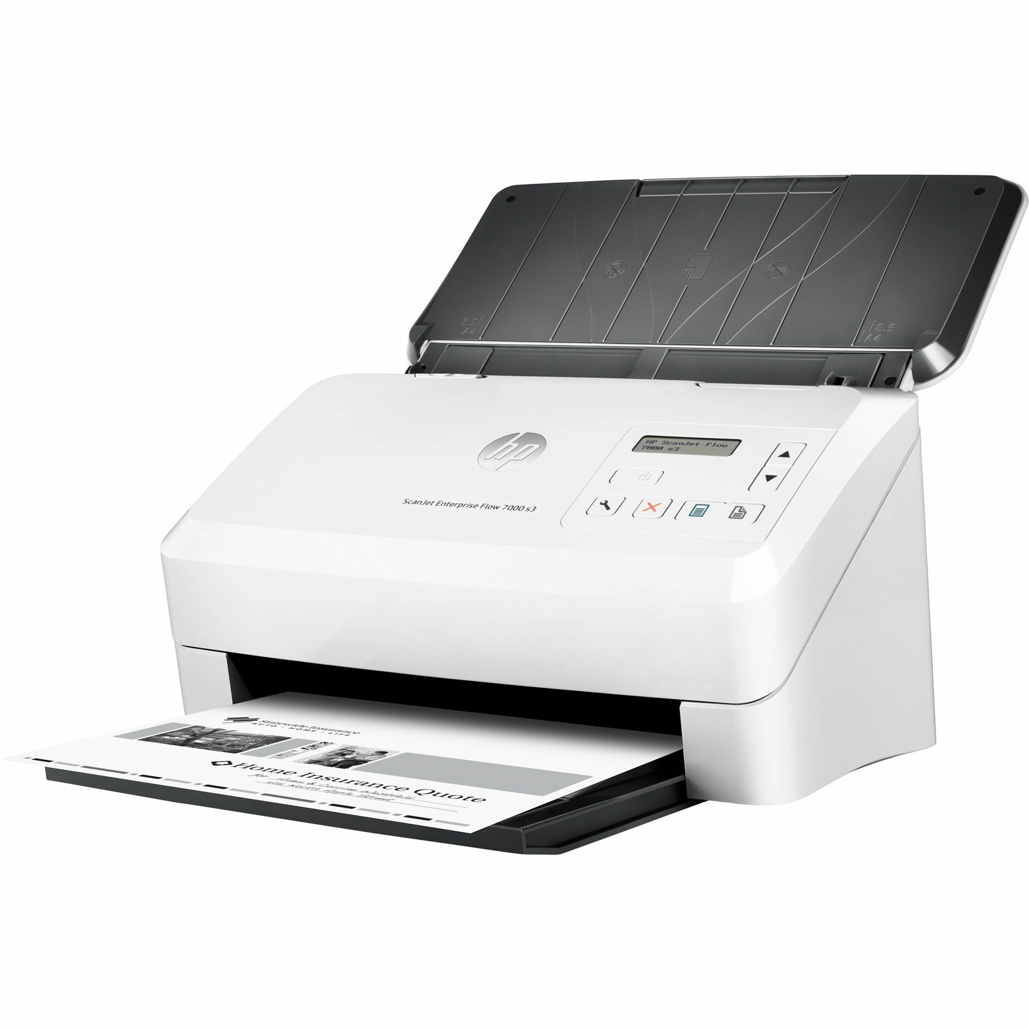 HP Scanjet Enterprise Flow 7000 s3 Sheetfed Scanner - 600 dpi Optical - 48-bit Color - 75 ppm (Mono) - 75 ppm (Color) - Color Scan - Duplex Scanning - Cut Sheet Paper, Laser Paper, Inkjet Paper, Pre-punched Paper, Check, Business Card, Carbonless Form, Plastic Carrier Sheet, Stapled Media, Plastic Card - USB — left