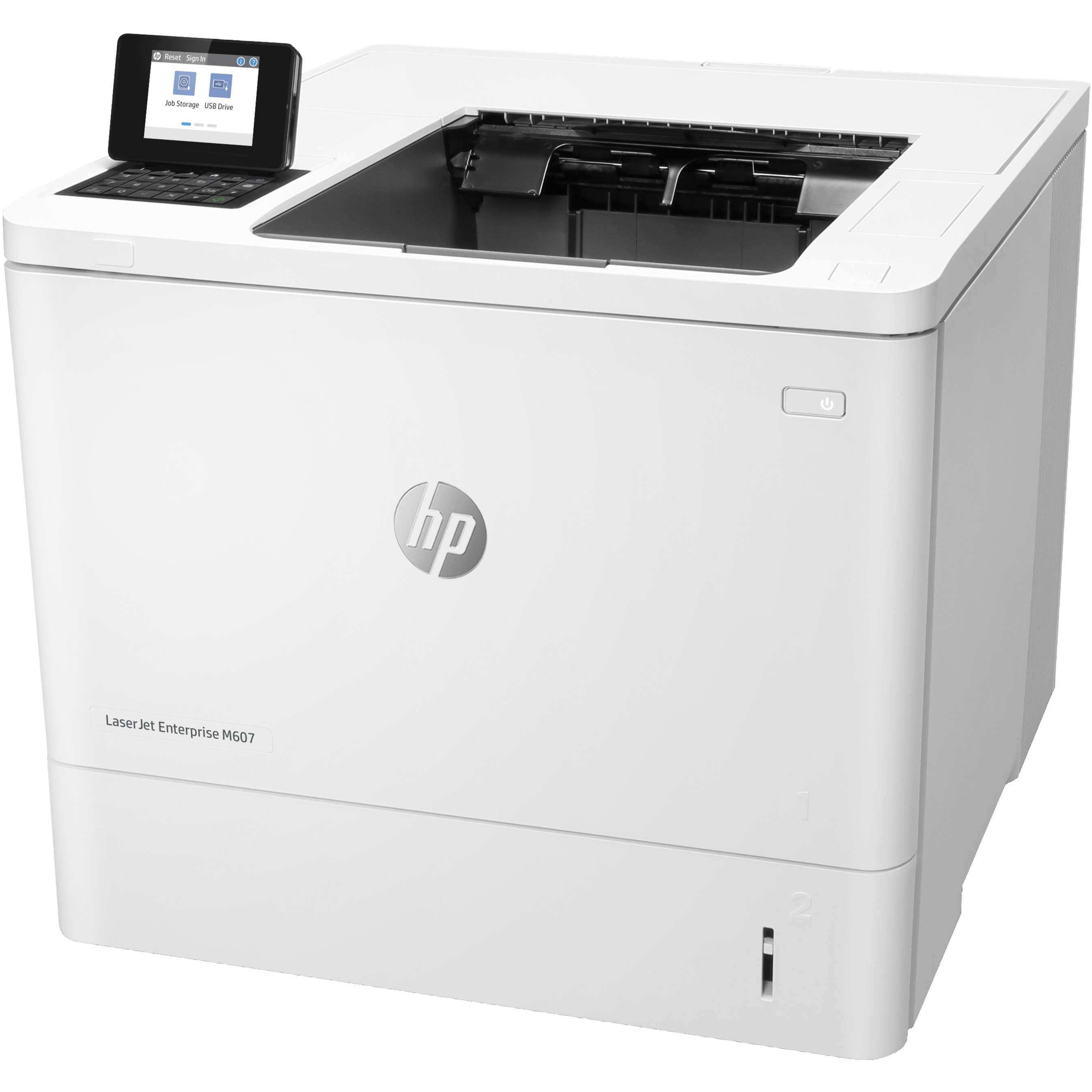 HP LaserJet Enterprise M607 M607n Desktop Laser Printer - Monochrome - 55 ppm Mono - 1200 x 1200 dpi Print - Manual Duplex Print - 650 Sheets Input - Ethernet - 250000 Pages Duty Cycle - Plain Paper Print - USB — left