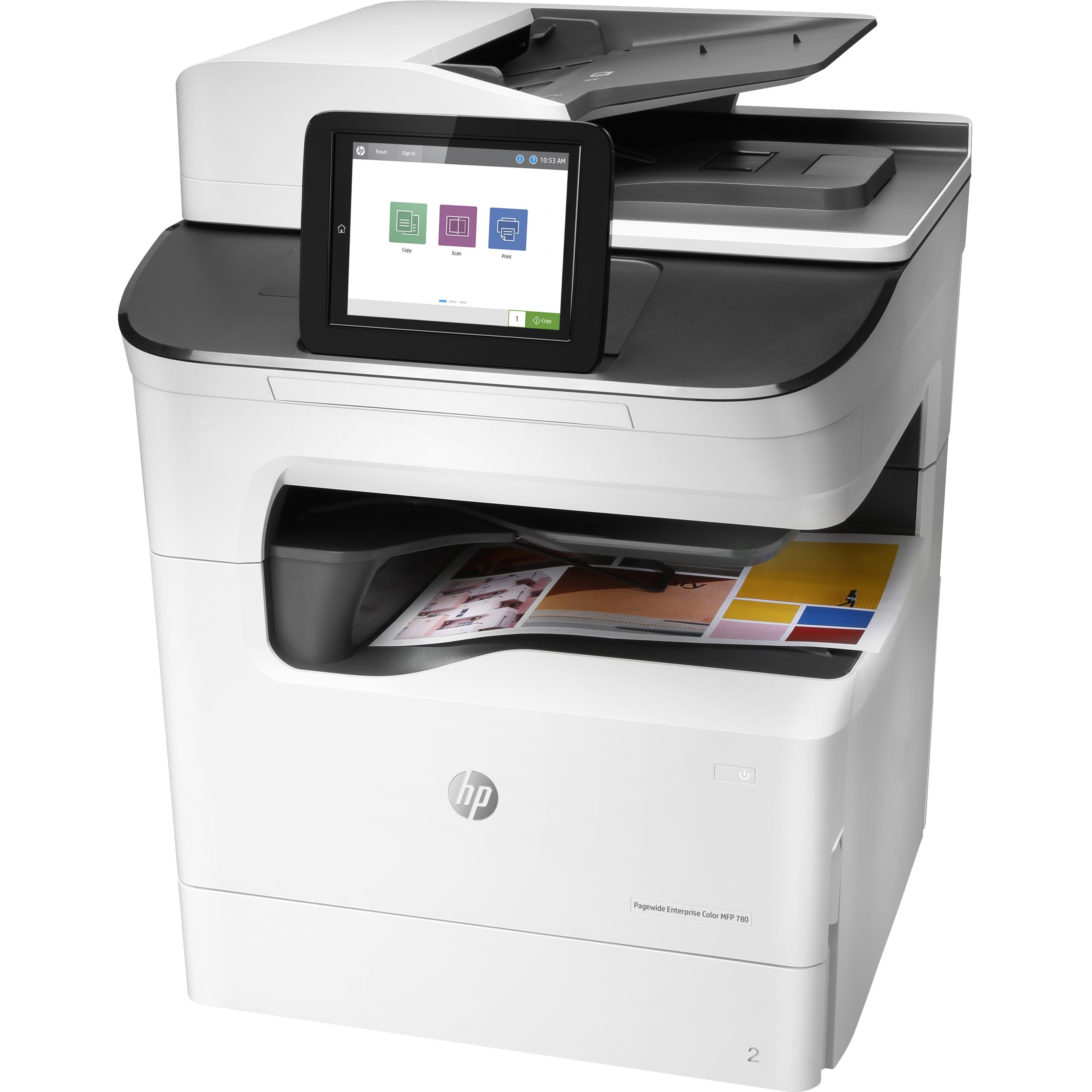 HP PageWide 780dns Page Wide Array Multifunction Printer-Color-Copier/Scanner-65 ppm Mono/Color Print-2400x1200 Print-Automatic Duplex Print-100000 Pages Monthly-650 sheets Input-Color Scanner-600 Optical Scan-Gigabit Ethernet - Copier/Printer/Scanner - 65 ppm Mono/65 ppm Color Print - 2400 x 1200 dpi Print - Automatic Duplex Print - Up to 100000 Pages Monthly - 650 sheets Input - Color Scanner - 600 dpi Optical Scan - Gigabit Ethernet - USB - For Plain Paper Print — left