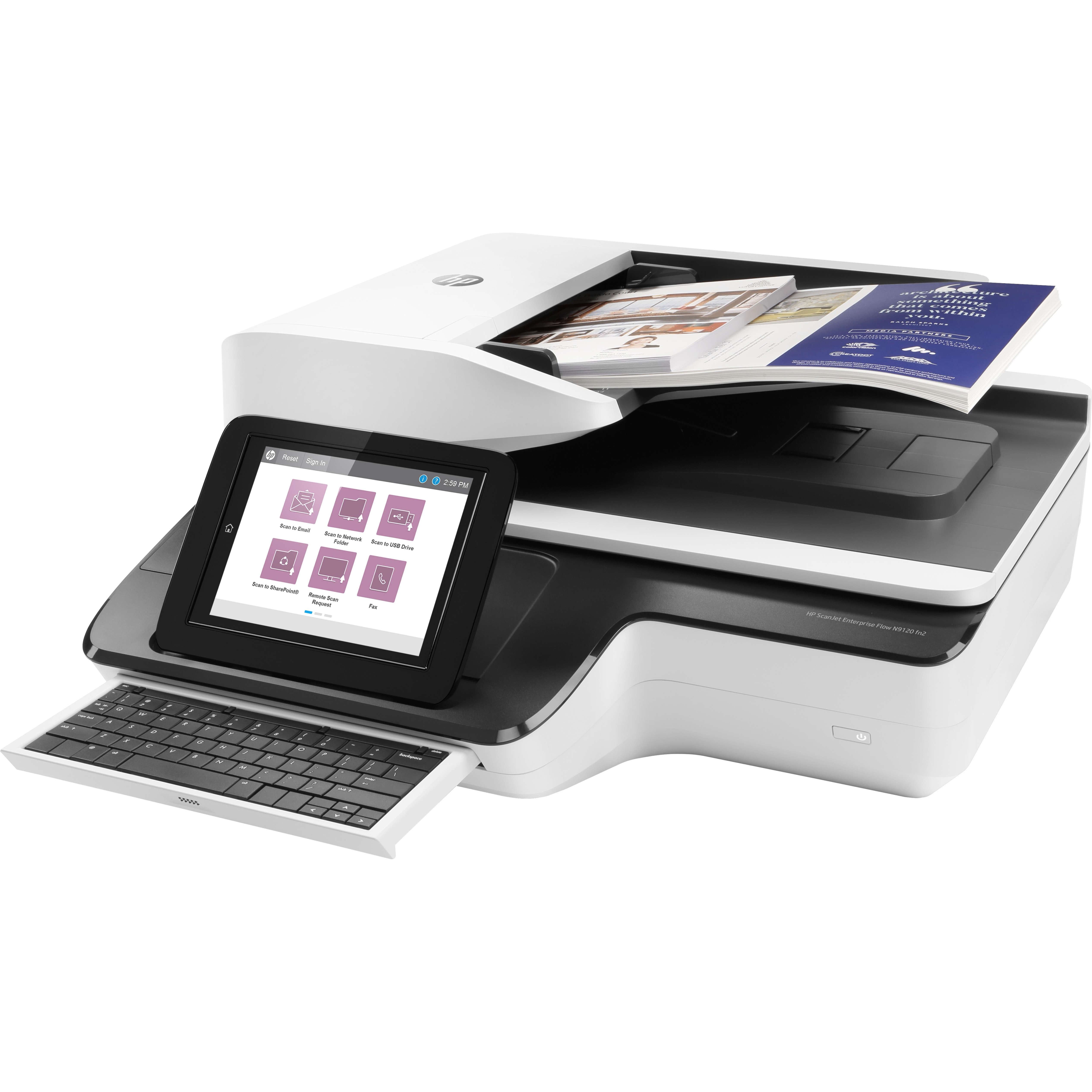 HP Scanjet Flow N9120 fn2 Sheetfed Scanner - 600 dpi Optical - 24-bit Color - 8-bit Grayscale - 120 ppm (Mono) - 120 ppm (Color) - Duplex Scanning - USB — left