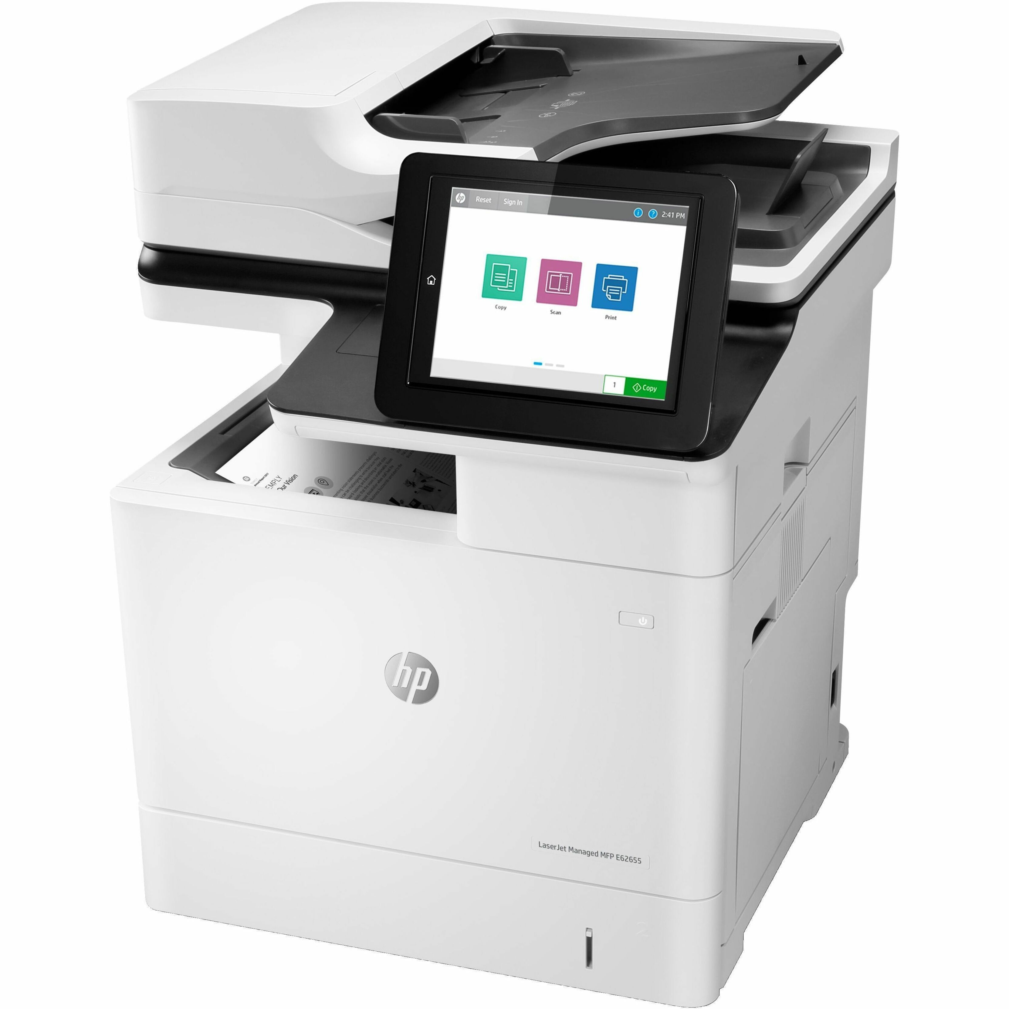 HP LaserJet Managed E62655dn Laser Multifunction Printer - Monochrome - Copier/Printer/Scanner - 55 ppm Mono Print - 1200 x 1200 dpi Print - Automatic Duplex Print - Up to 450000 Pages Monthly - Color Flatbed Scanner - 600 dpi Optical Scan - Gigabit Ethernet - USB - For Plain Paper Print — left