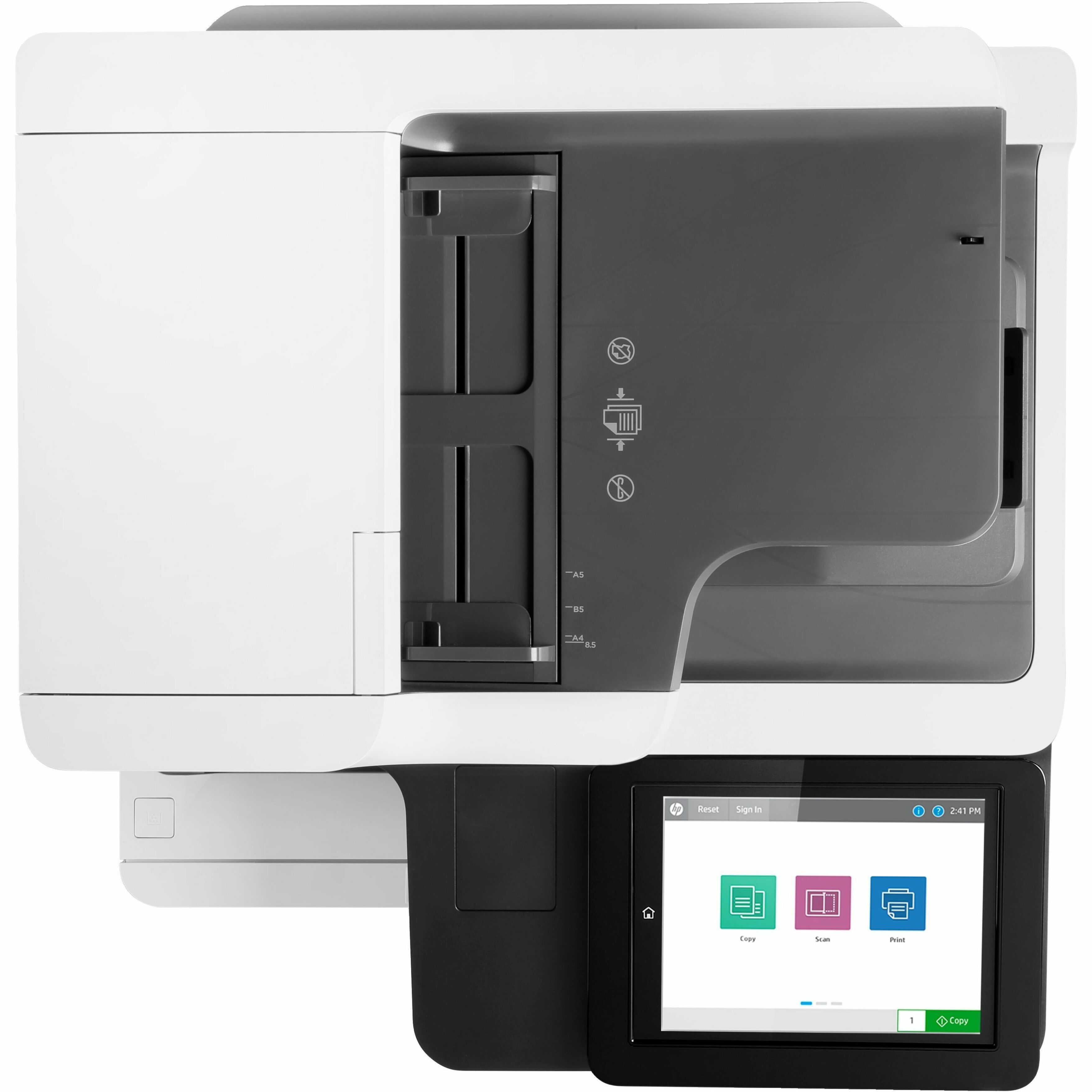 HP LaserJet Managed E62655dn Laser Multifunction Printer - Monochrome - Copier/Printer/Scanner - 55 ppm Mono Print - 1200 x 1200 dpi Print - Automatic Duplex Print - Up to 450000 Pages Monthly - Color Flatbed Scanner - 600 dpi Optical Scan - Gigabit Ethernet - USB - For Plain Paper Print — top