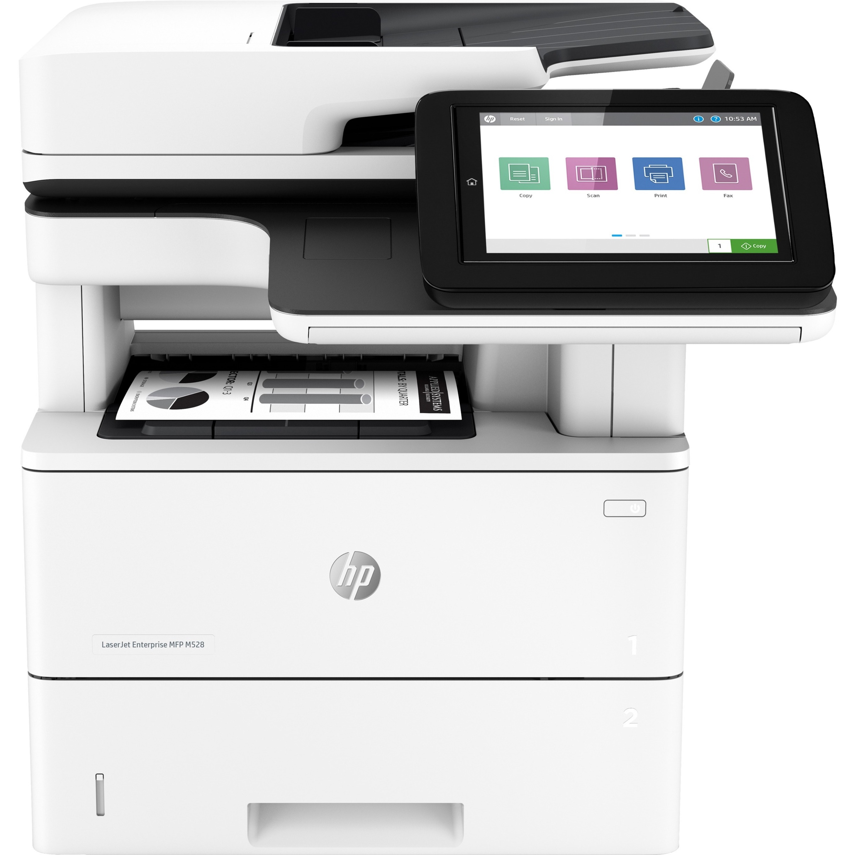 HP LaserJet M528z Wired & Wireless Laser Multifunction Printer - Monochrome - Copier/Fax/Printer/Scanner - 43 ppm Mono Print - 1200 x 1200 dpi Print - Automatic Duplex Print - Up to 150000 Pages Monthly - Color Flatbed Scanner - 600 dpi Optical Scan - Monochrome Fax - Gigabit Ethernet - Wireless LAN - Wi-Fi Direct, Apple AirPrint, Google Cloud Print, HP ePrint, Mopria - USB - For Plain Paper Print — front