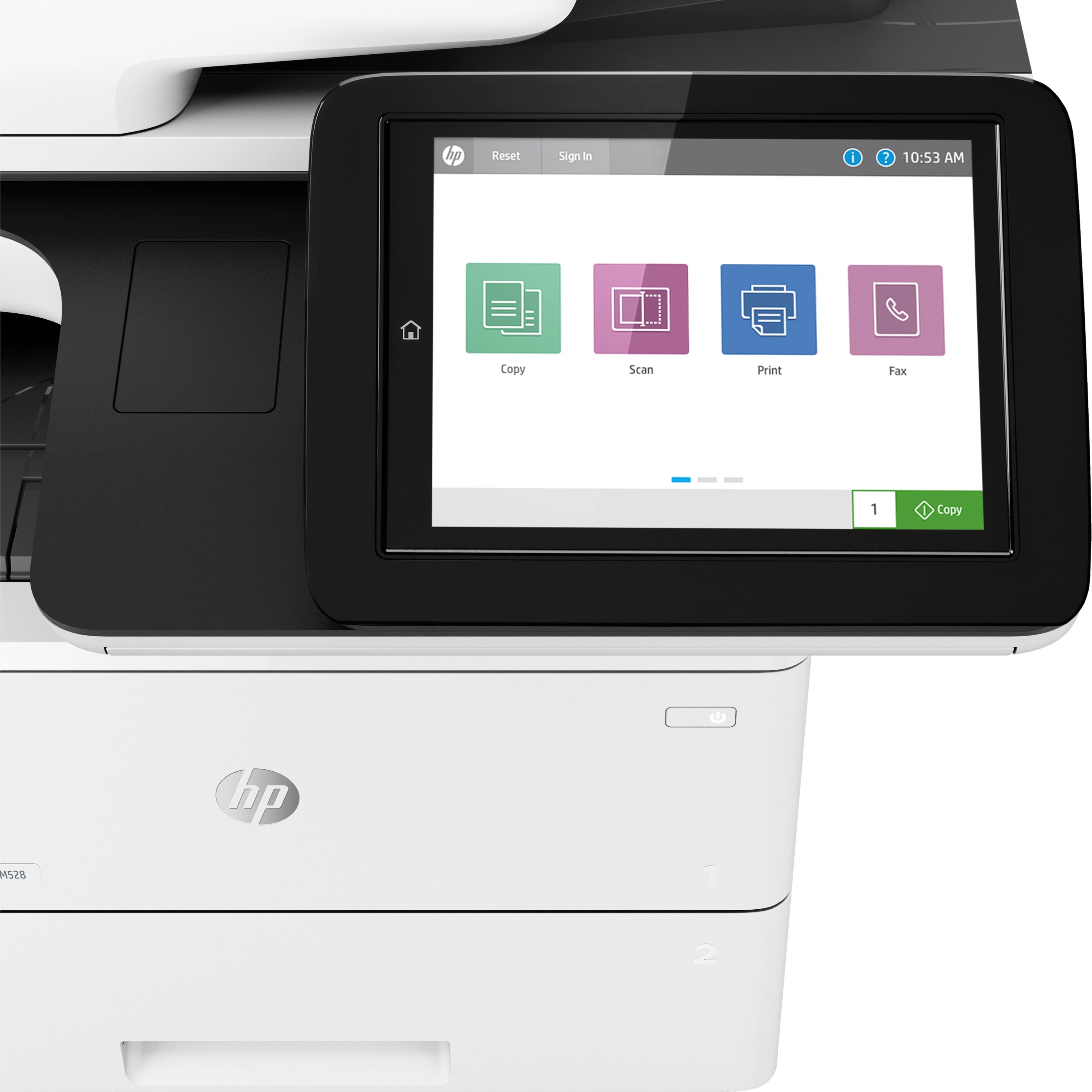 HP LaserJet Enterprise M528 M528f Laser Multifunction Printer-Monochrome-Copier/Fax/Scanner-52 ppm Mono Print-1200x1200 dpi Print-Automatic Duplex Print-150000 Pages-650 sheets Input-Color Flatbed Scanner-600 dpi Optical Scan-Apple AirPrint-HP ePrint - Copier/Fax/Printer/Scanner - 52 ppm Mono Print - 1200 x 1200 dpi Print - Automatic Duplex Print - Up to 150000 Pages Monthly - 650 sheets Input - Color Flatbed Scanner - 600 dpi Optical Scan - Gigabit Ethernet - Apple AirPrint, Google Cloud P — alternate image1