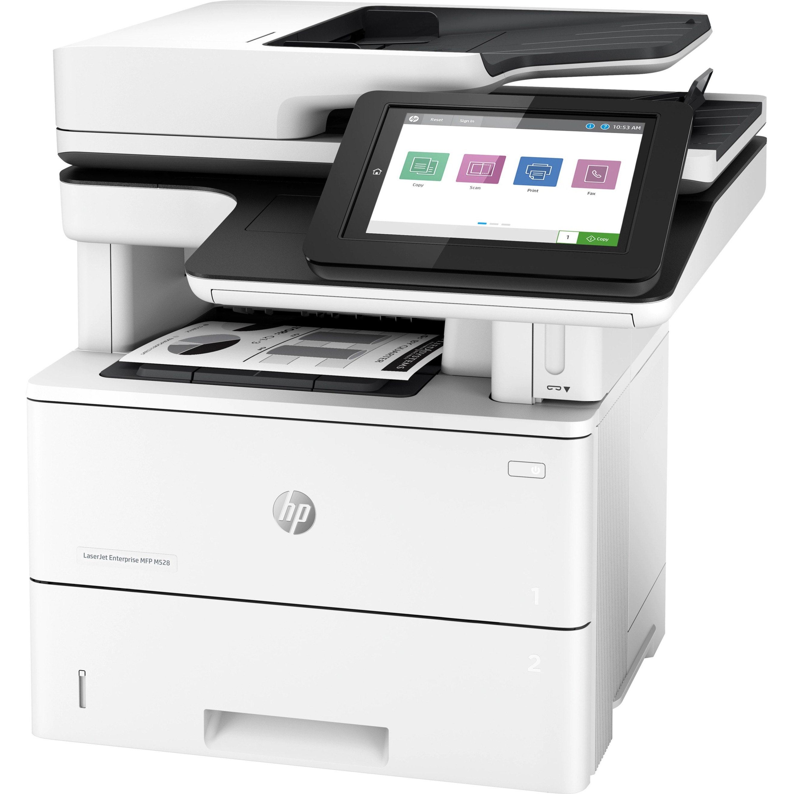 HP LaserJet Enterprise M528 M528f Laser Multifunction Printer-Monochrome-Copier/Fax/Scanner-52 ppm Mono Print-1200x1200 dpi Print-Automatic Duplex Print-150000 Pages-650 sheets Input-Color Flatbed Scanner-600 dpi Optical Scan-Apple AirPrint-HP ePrint - Copier/Fax/Printer/Scanner - 52 ppm Mono Print - 1200 x 1200 dpi Print - Automatic Duplex Print - Up to 150000 Pages Monthly - 650 sheets Input - Color Flatbed Scanner - 600 dpi Optical Scan - Gigabit Ethernet - Apple AirPrint, Google Cloud P — leftmaximum