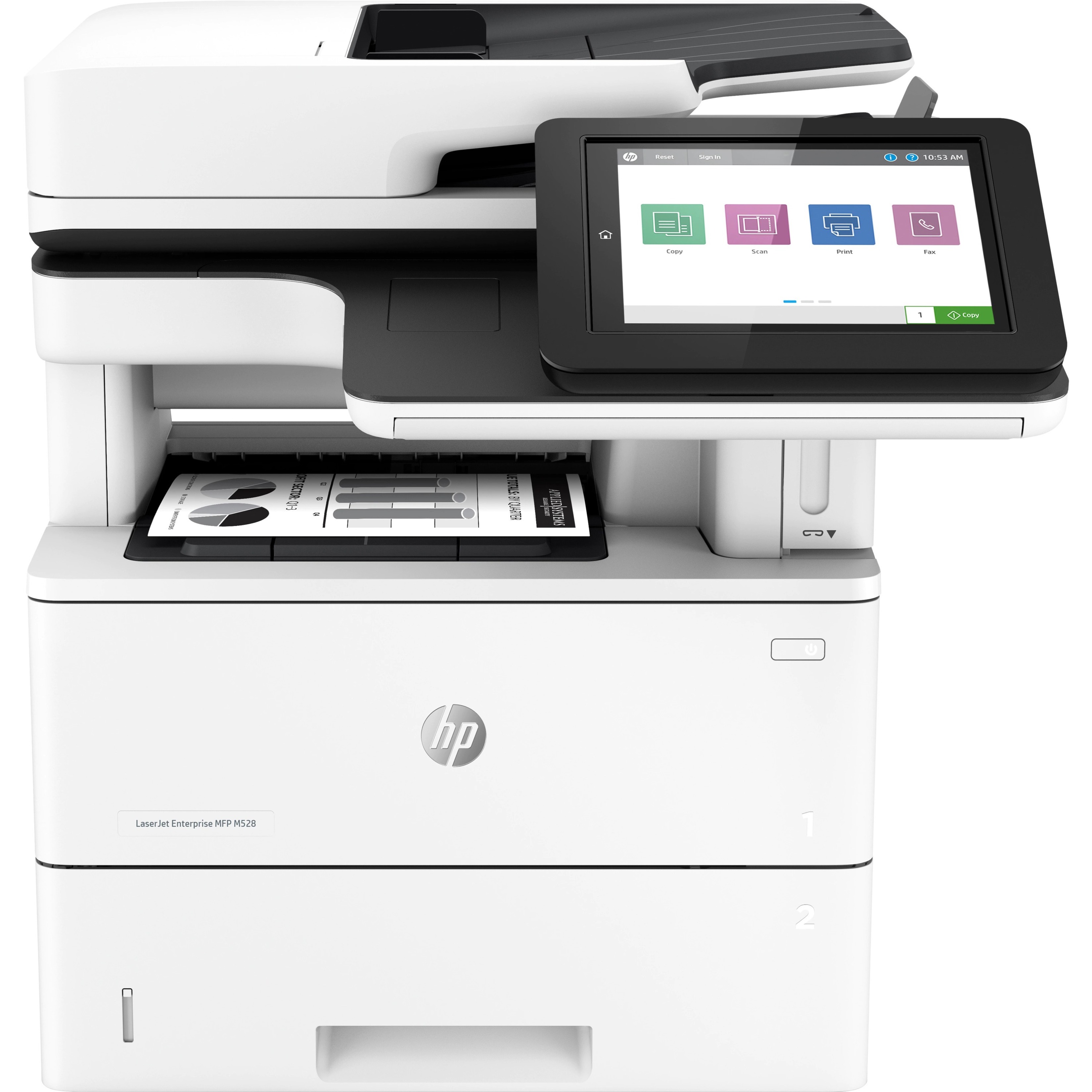 HP LaserJet Enterprise M528 M528f Laser Multifunction Printer-Monochrome-Copier/Fax/Scanner-52 ppm Mono Print-1200x1200 dpi Print-Automatic Duplex Print-150000 Pages-650 sheets Input-Color Flatbed Scanner-600 dpi Optical Scan-Apple AirPrint-HP ePrint - Copier/Fax/Printer/Scanner - 52 ppm Mono Print - 1200 x 1200 dpi Print - Automatic Duplex Print - Up to 150000 Pages Monthly - 650 sheets Input - Color Flatbed Scanner - 600 dpi Optical Scan - Gigabit Ethernet - Apple AirPrint, Google Cloud P