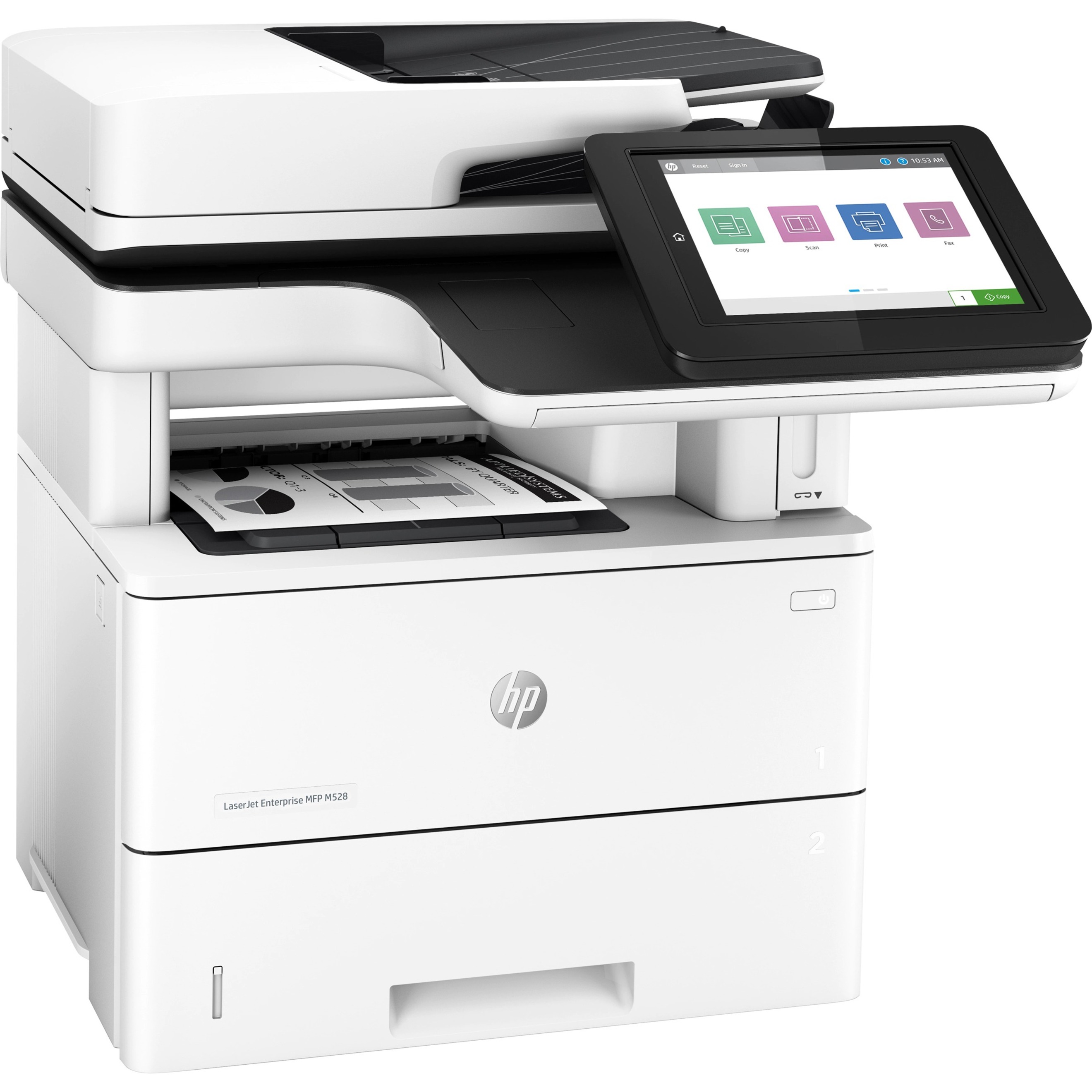 HP LaserJet Enterprise M528 M528f Laser Multifunction Printer-Monochrome-Copier/Fax/Scanner-52 ppm Mono Print-1200x1200 dpi Print-Automatic Duplex Print-150000 Pages-650 sheets Input-Color Flatbed Scanner-600 dpi Optical Scan-Apple AirPrint-HP ePrint - Copier/Fax/Printer/Scanner - 52 ppm Mono Print - 1200 x 1200 dpi Print - Automatic Duplex Print - Up to 150000 Pages Monthly - 650 sheets Input - Color Flatbed Scanner - 600 dpi Optical Scan - Gigabit Ethernet - Apple AirPrint, Google Cloud P — right