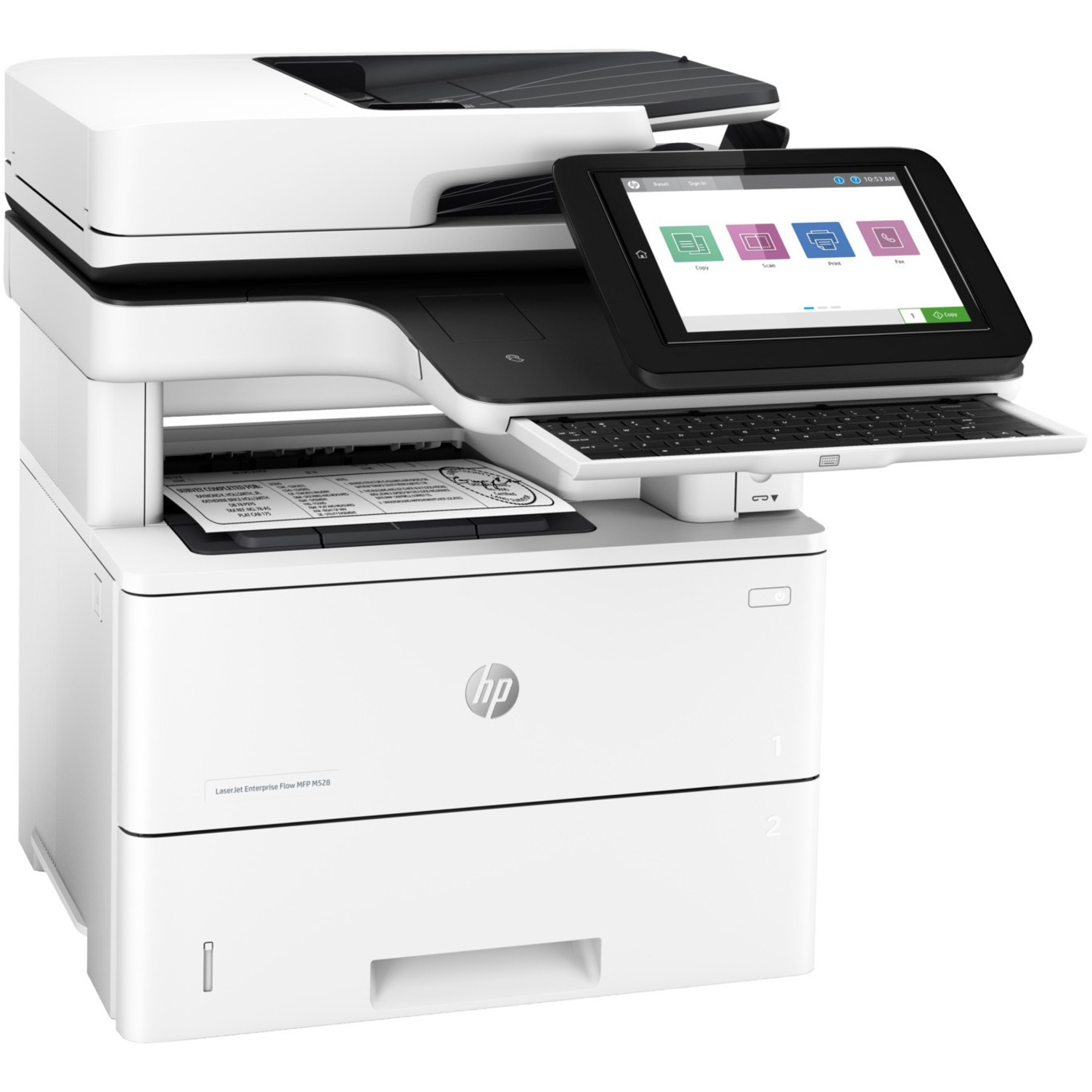 HP LaserJet Enterprise M528c Laser Multifunction Printer - Monochrome - Copier/Fax/Printer/Scanner - 45 ppm Mono Print - 1200 x 1200 dpi Print - Automatic Duplex Print - Up to 150000 Pages Monthly - Color Scanner - 600 dpi Optical Scan - Monochrome Fax - Gigabit Ethernet - USB - For Plain Paper Print — right