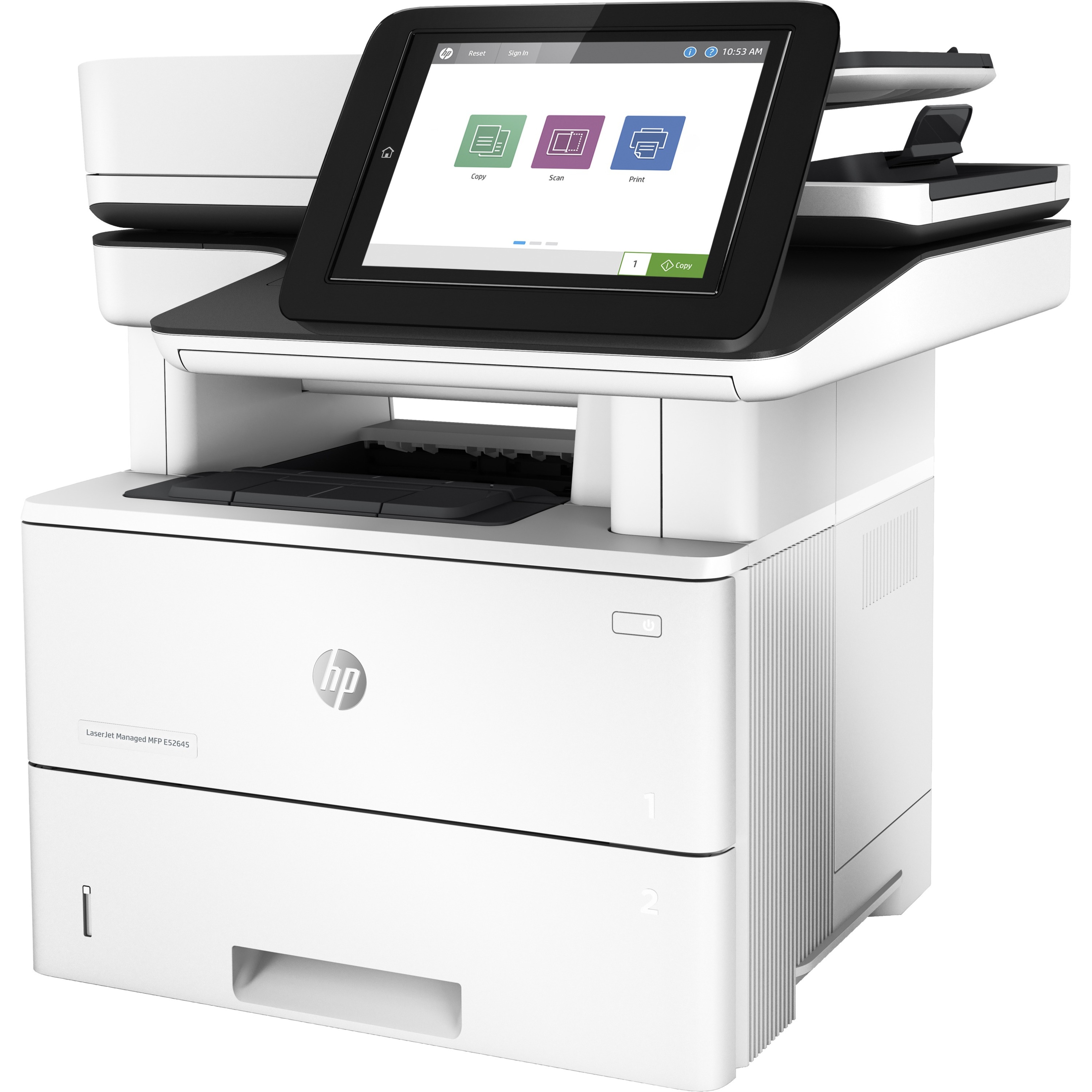 HP LaserJet Managed E52645dn Laser Multifunction Printer-Monochrome-Copier/Scanner-45 ppm Mono Print-1200x1200 Print-Automatic Duplex Print-150000 Pages Monthly-650 sheets Input-Color Scanner-600 Optical Scan-Gigabit Ethernet Ethernet - Copier/Printer/Scanner - 45 ppm Mono Print - 1200 x 1200 dpi Print - Automatic Duplex Print - Up to 150000 Pages Monthly - 650 sheets Input - Color Flatbed Scanner - 600 dpi Optical Scan - Gigabit Ethernet - USB - For Plain Paper Print — leftmaximum