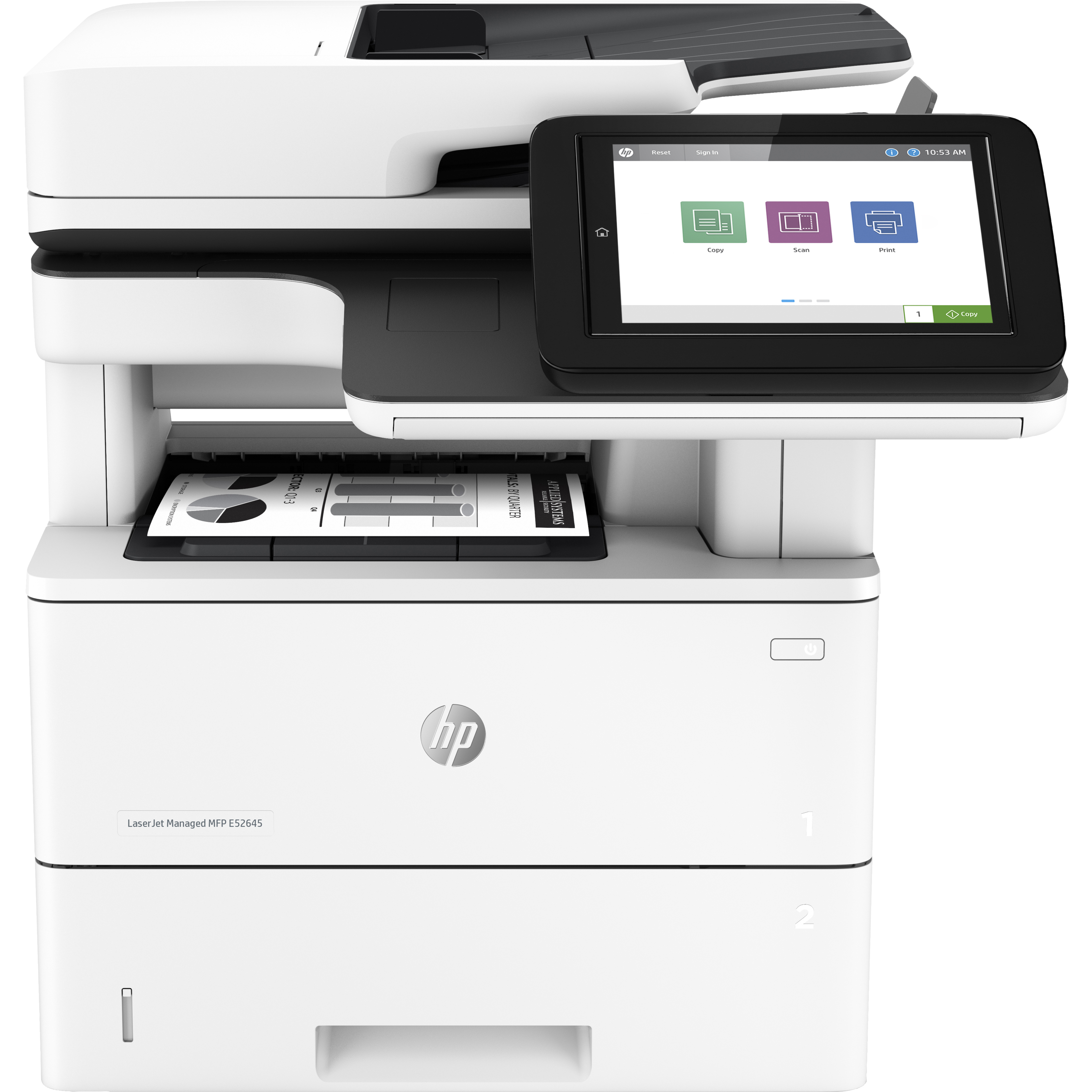 HP LaserJet Managed E52645dn Laser Multifunction Printer-Monochrome-Copier/Scanner-45 ppm Mono Print-1200x1200 Print-Automatic Duplex Print-150000 Pages Monthly-650 sheets Input-Color Scanner-600 Optical Scan-Gigabit Ethernet Ethernet - Copier/Printer/Scanner - 45 ppm Mono Print - 1200 x 1200 dpi Print - Automatic Duplex Print - Up to 150000 Pages Monthly - 650 sheets Input - Color Flatbed Scanner - 600 dpi Optical Scan - Gigabit Ethernet - USB - For Plain Paper Print