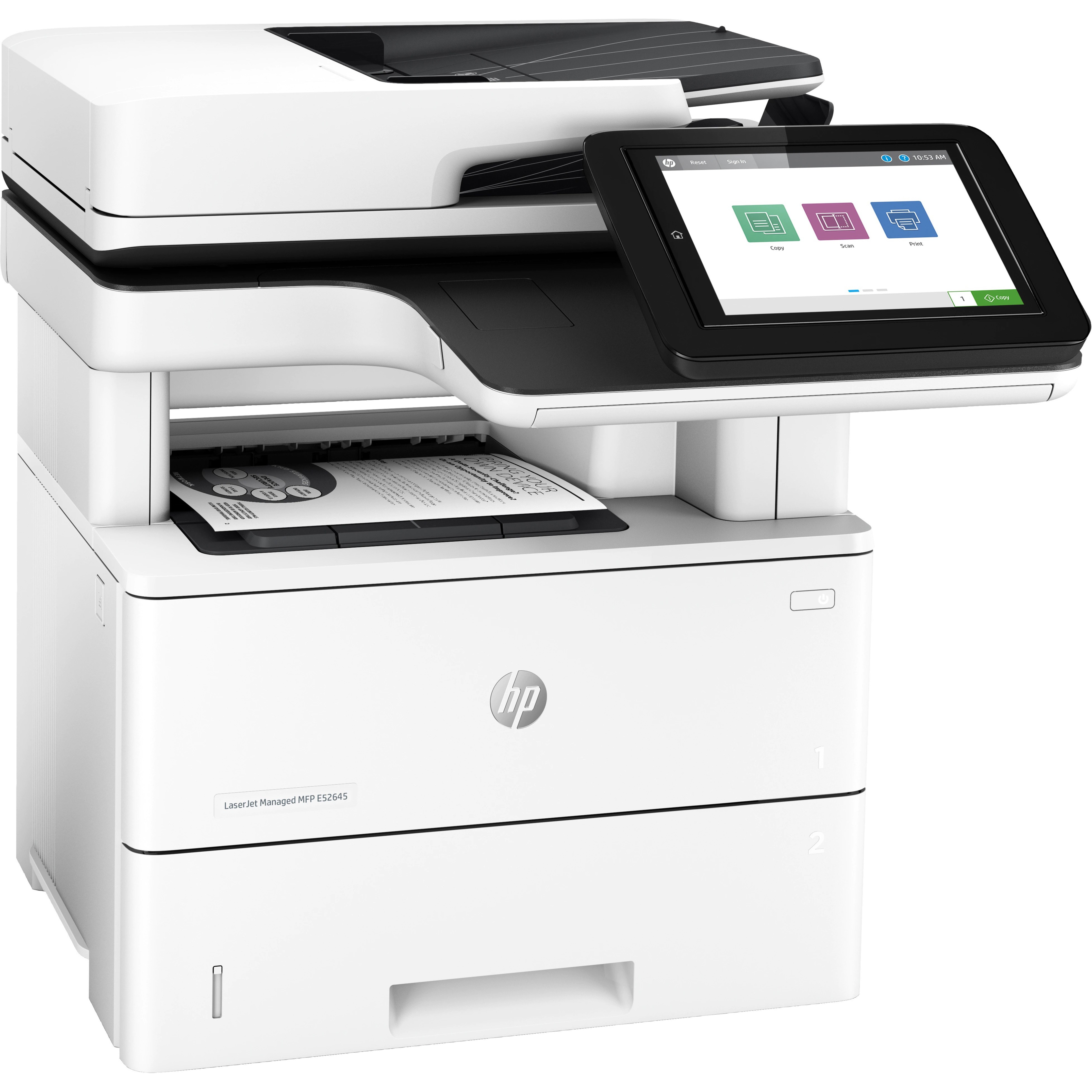HP LaserJet Managed E52645dn Laser Multifunction Printer-Monochrome-Copier/Scanner-45 ppm Mono Print-1200x1200 Print-Automatic Duplex Print-150000 Pages Monthly-650 sheets Input-Color Scanner-600 Optical Scan-Gigabit Ethernet Ethernet - Copier/Printer/Scanner - 45 ppm Mono Print - 1200 x 1200 dpi Print - Automatic Duplex Print - Up to 150000 Pages Monthly - 650 sheets Input - Color Flatbed Scanner - 600 dpi Optical Scan - Gigabit Ethernet - USB - For Plain Paper Print — right