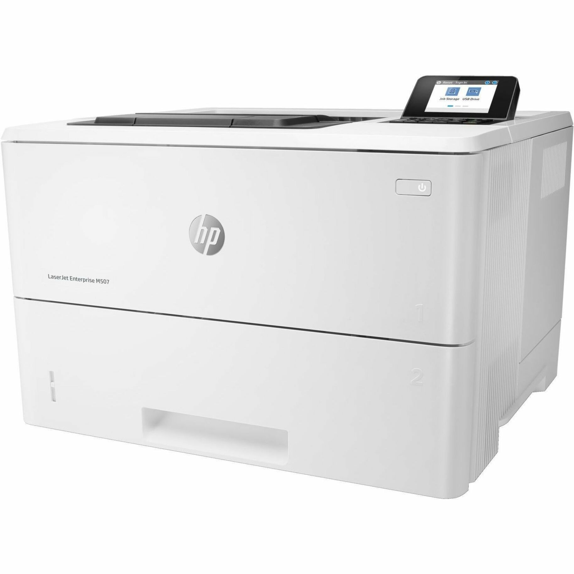 HP LaserJet Enterprise M507 M507dn Desktop Laser Printer - Monochrome - 45 ppm Mono - 1200 x 1200 dpi Print - Automatic Duplex Print - 650 Sheets Input - Ethernet - 150000 Pages Duty Cycle - Plain Paper Print - Gigabit Ethernet - USB — left
