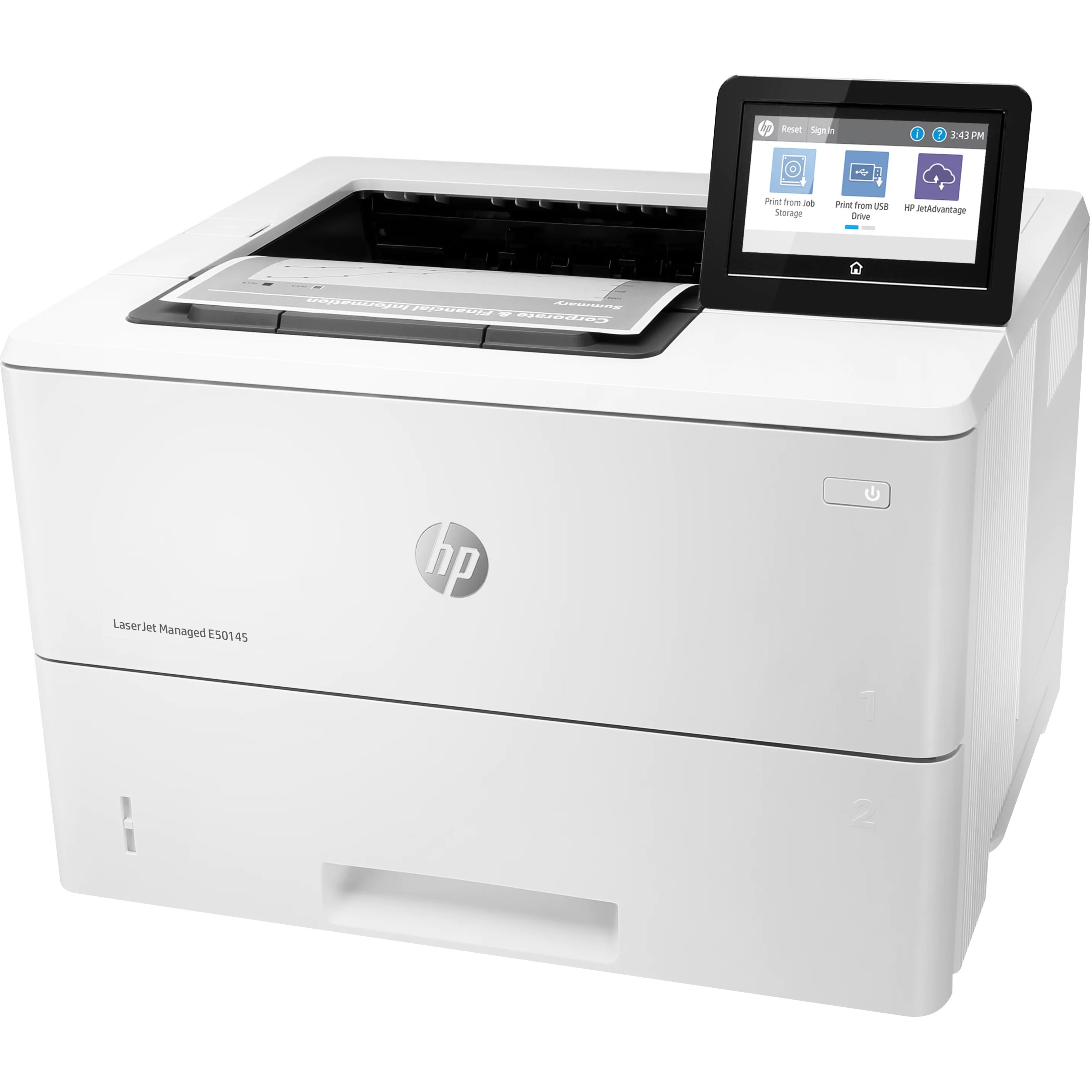 HP LaserJet Managed E50145 E50145dn Desktop Laser Printer - Monochrome - 45 ppm Mono - 1200 x 1200 dpi Print - Automatic Duplex Print - 2 Sheets Input - Ethernet - 150000 Pages Duty Cycle - Plain Paper Print - Gigabit Ethernet - USB — left