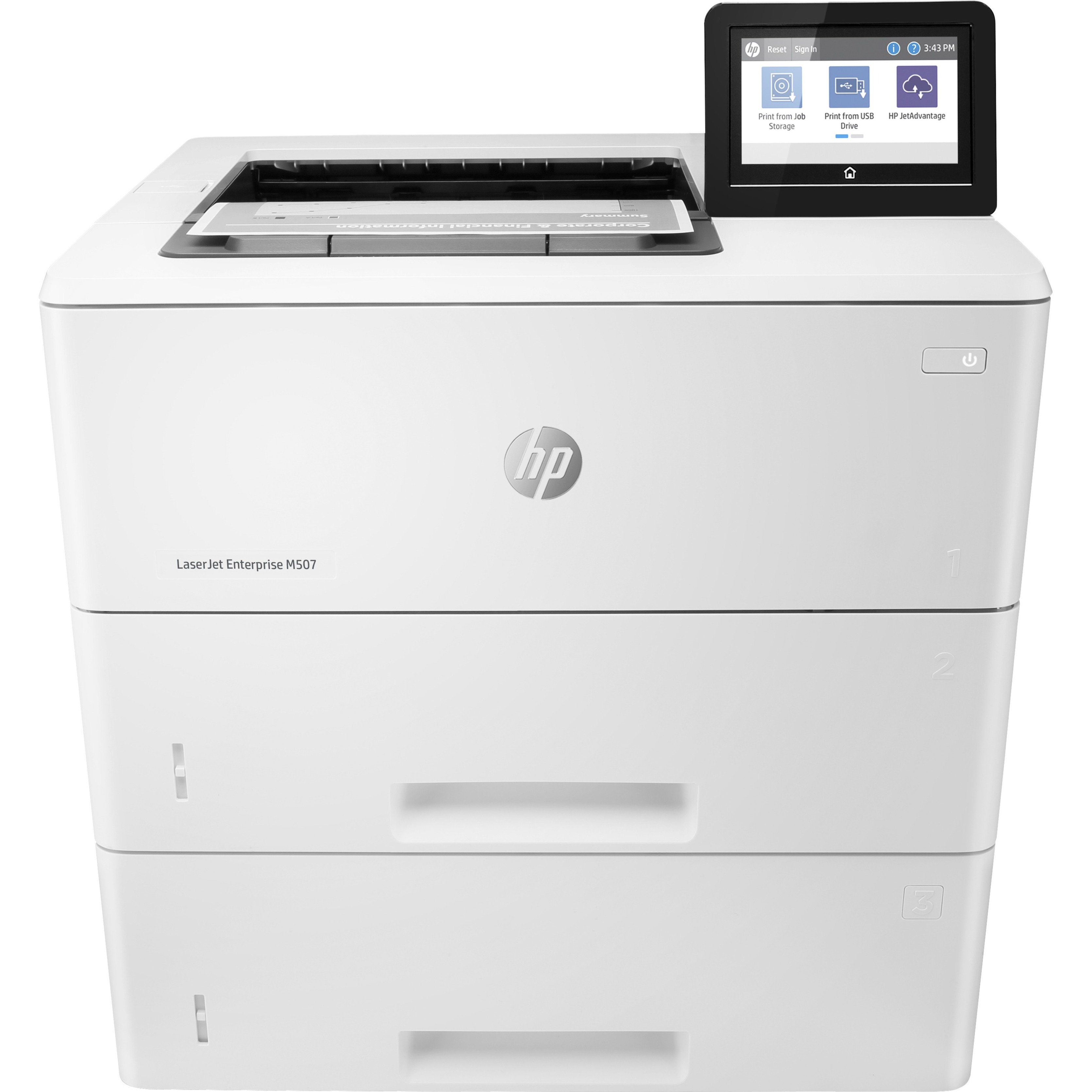 HP LaserJet Enterprise M507 M507x Desktop Laser Printer - Monochrome - 45 ppm Mono - 1200 x 1200 dpi Print - Automatic Duplex Print - 1200 Sheets Input - Ethernet - Wireless LAN - Apple AirPrint, Google Cloud Print, HP ePrint, Mopria, Wi-Fi Direct - 150000 Pages Duty Cycle - Plain Paper Print - Gigabit Ethernet - USB — front