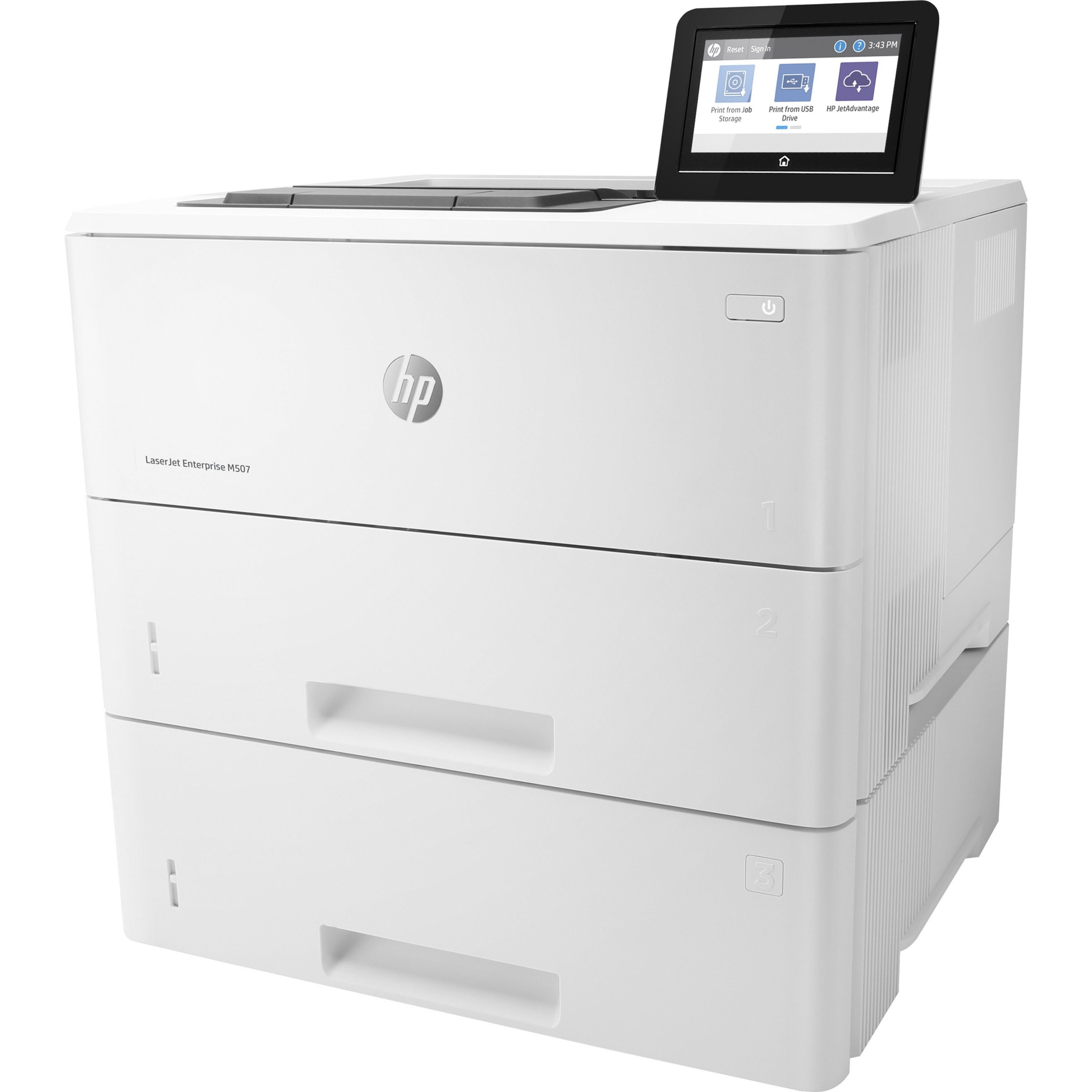 HP LaserJet Enterprise M507 M507x Desktop Laser Printer - Monochrome - 45 ppm Mono - 1200 x 1200 dpi Print - Automatic Duplex Print - 1200 Sheets Input - Ethernet - Wireless LAN - Apple AirPrint, Google Cloud Print, HP ePrint, Mopria, Wi-Fi Direct - 150000 Pages Duty Cycle - Plain Paper Print - Gigabit Ethernet - USB — left