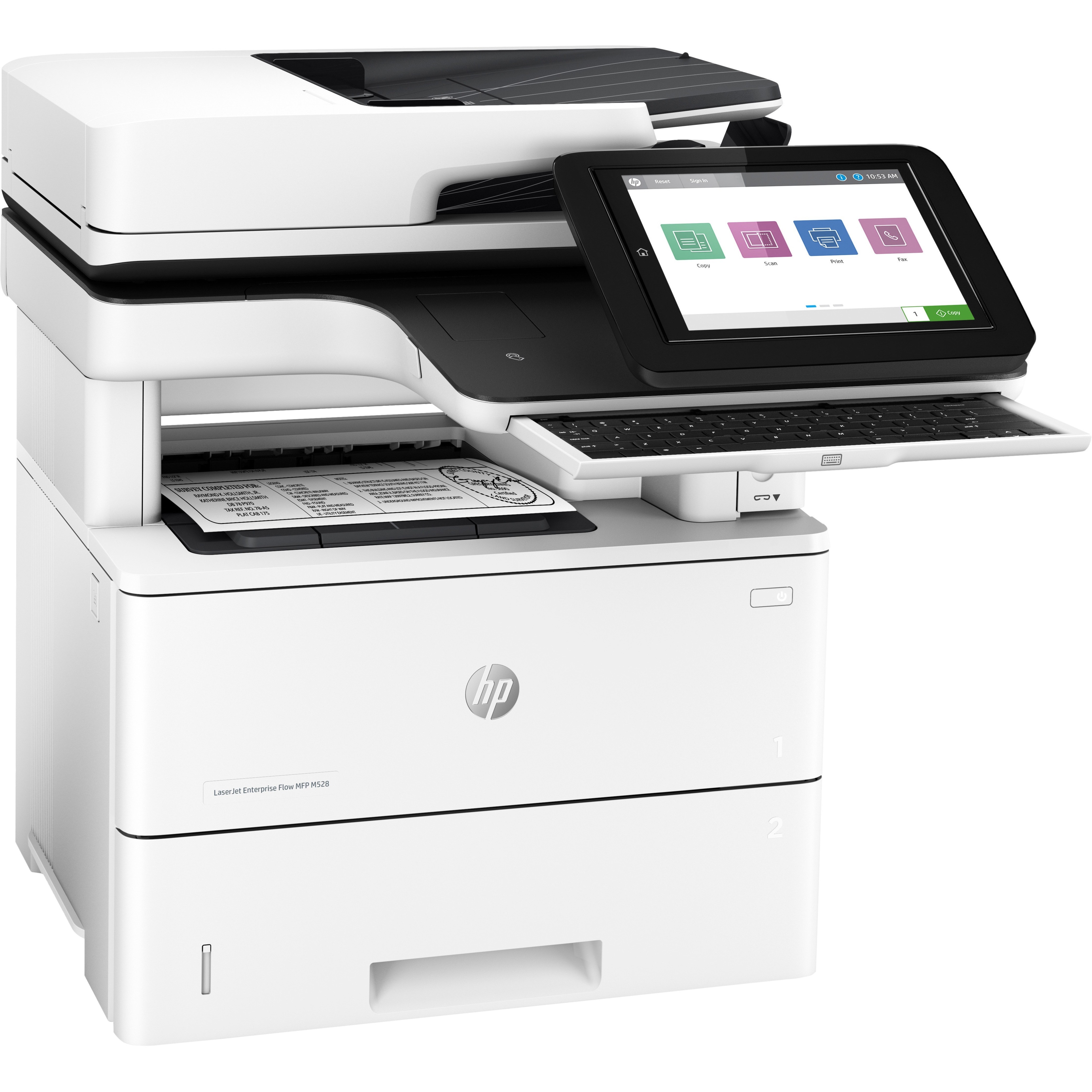 HP LaserJet Enterprise M528c Laser Multifunction Printer - Monochrome - Copier/Fax/Printer/Scanner - 45 ppm Mono Print - 1200 x 1200 dpi Print - Automatic Duplex Print - Up to 150000 Pages Monthly - 650 sheets Input - Color Scanner - 600 dpi Optical Scan - Monochrome Fax - Gigabit Ethernet - USB - For Plain Paper Print — right