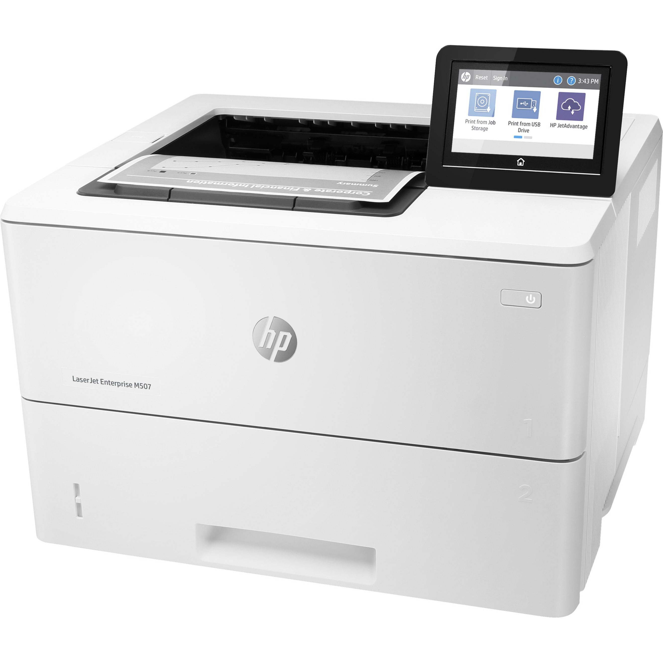 HP LaserJet Enterprise M507 M507dng Desktop Laser Printer - Monochrome - 45 ppm Mono - 1200 x 1200 dpi Print - Automatic Duplex Print - 650 Sheets Input - Ethernet - 150000 Pages Duty Cycle - Plain Paper Print - Gigabit Ethernet - USB — left