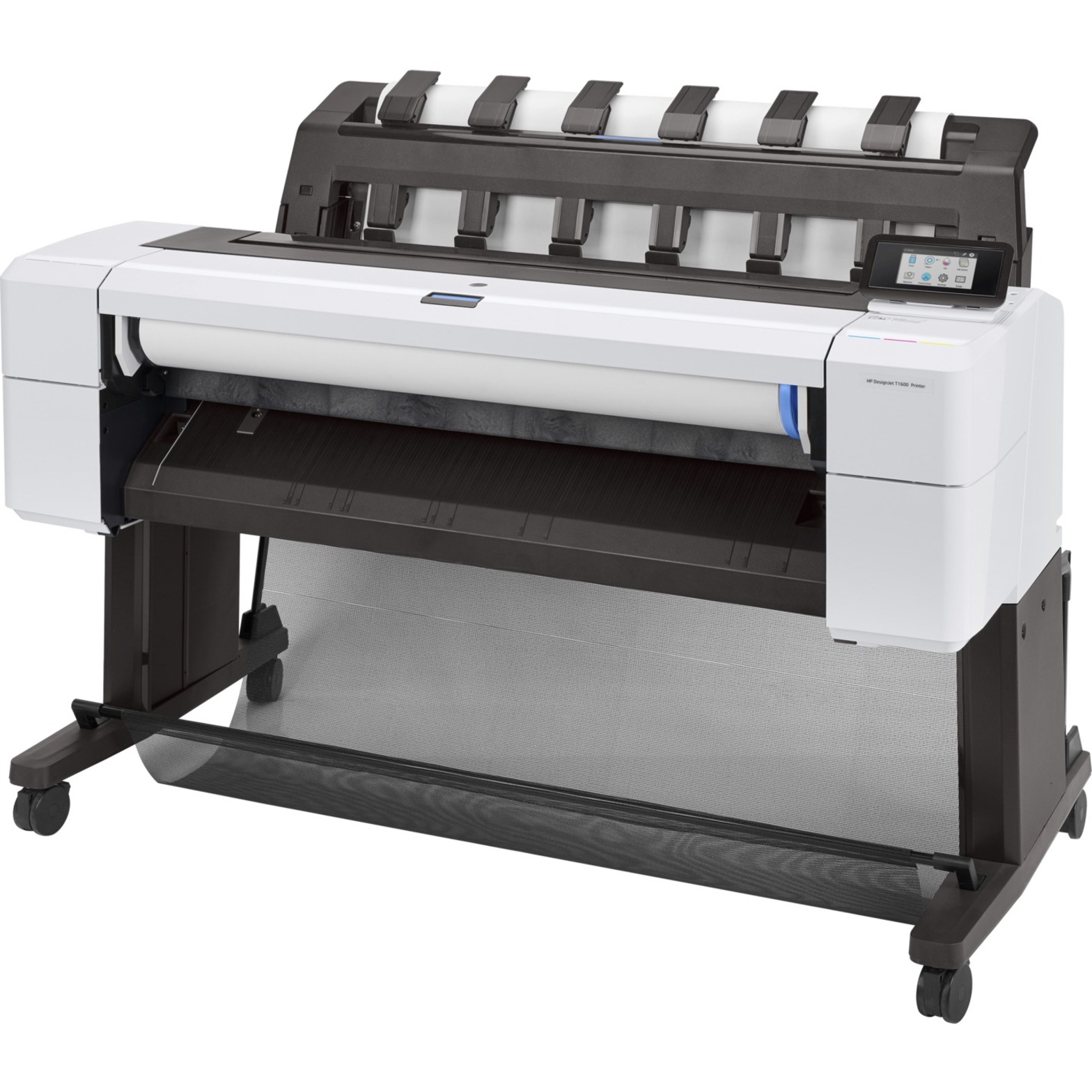 HP Designjet T1600 PostScript Inkjet Large Format Printer - 36" Print Width - Color - 5 Color(s) - 19.3 Second Color Speed - 2400 x 1200 dpi - 128 GB - USB - Ethernet - Bond Paper, Coated Paper, Heavyweight Coated Paper, Super Heavyweight Plus Matte, Color Paper, Tracing Paper, Translucent Bond, Vellum, Clear Film, Matte Film, Polyester Film, ... - Floor Standing Supported — left