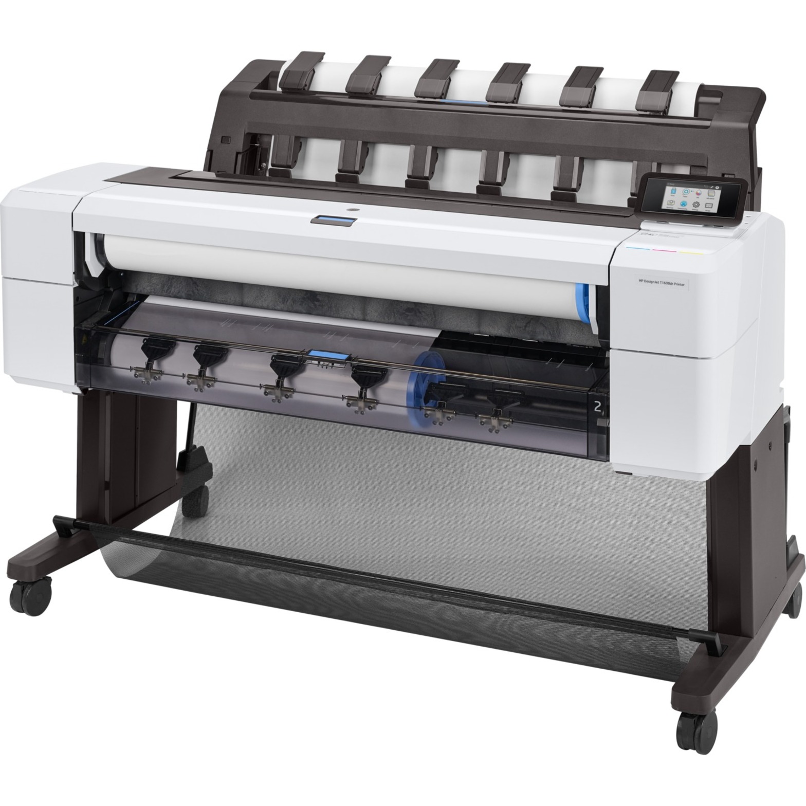 HP Designjet T1600dr PostScript Inkjet Large Format Printer - 36" Print Width - Color - 5 Color(s) - 19.3 Second Color Speed - 2400 x 1200 dpi - 128 GB - Ethernet - Roll Paper, Plain Paper, Cut Sheet, Bond Paper, Coated Paper, Heavyweight Coated Paper, Super Heavyweight Plus Matte, Color Paper, Technical Paper, Tracing Paper, Translucent Bond, ... - Floor Standing Supported — left