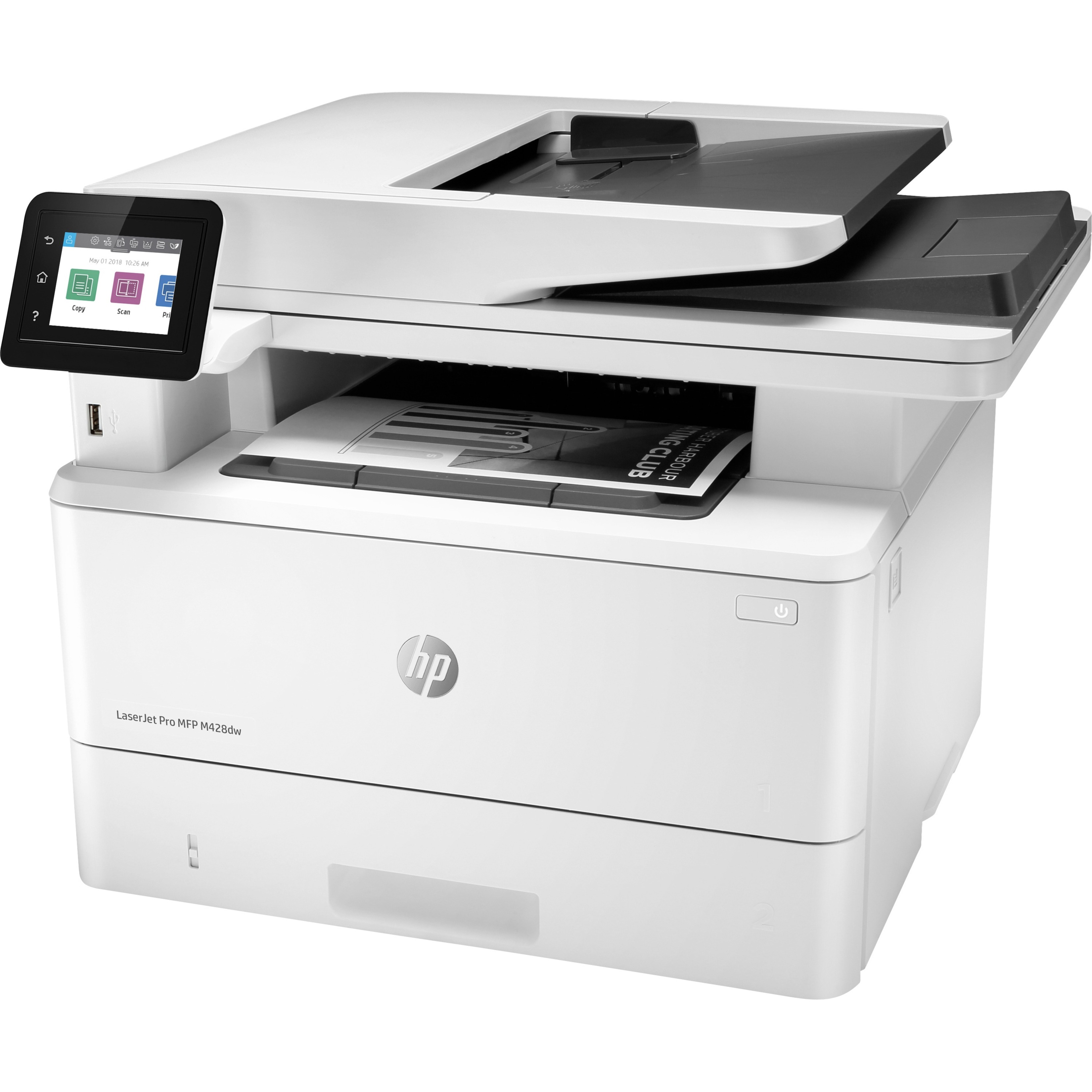 HP LaserJet Pro M428dw Wireless Laser Multifunction Printer - Monochrome - Copier/Printer/Scanner - 38 ppm Mono Print - 3600 x 1200 dpi Print - Automatic Duplex Print - Up to 80000 Pages Monthly - 350 sheets Input - Color Scanner - 1200 dpi Optical Scan - Gigabit Ethernet - Wireless LAN - Apple AirPrint, Google Cloud Print, HP ePrint, Mopria, Wi-Fi Direct - USB - For Plain Paper Print