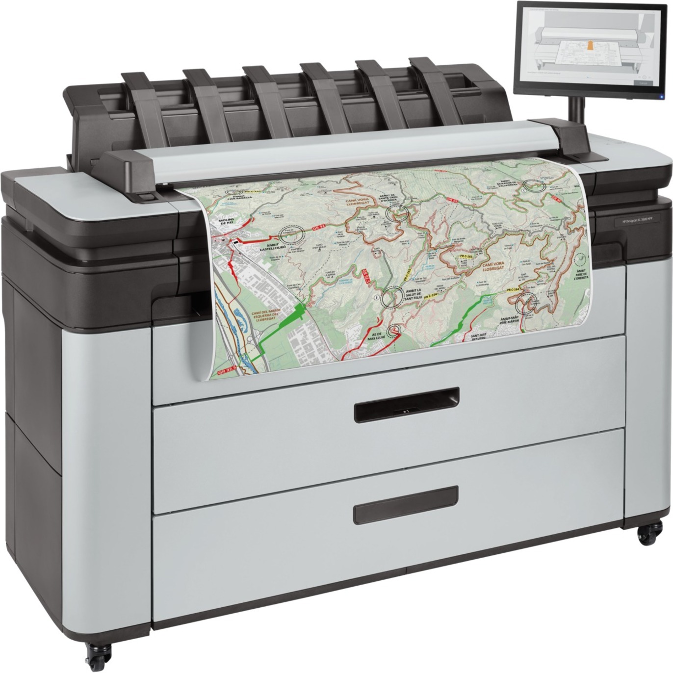 HP DesignJet XL 3600dr PostScript Inkjet Large Format Printer - Includes Printer, Scanner, Copier - 36" Print Width - Color - 6 Color(s) - 19.3 Second Color Speed - 2400 x 1200 dpi - Ethernet - Sheetfed Color Scan - Sheetfed Color Copy - Bond Paper, Coated Paper, Heavyweight Coated Paper, Super Heavyweight Plus Matte, Color Paper, Technical Paper, Tracing Paper, Translucent Bond, Vellum, Matte Film, Polyester Film, ... - Floor Standing Supported — right