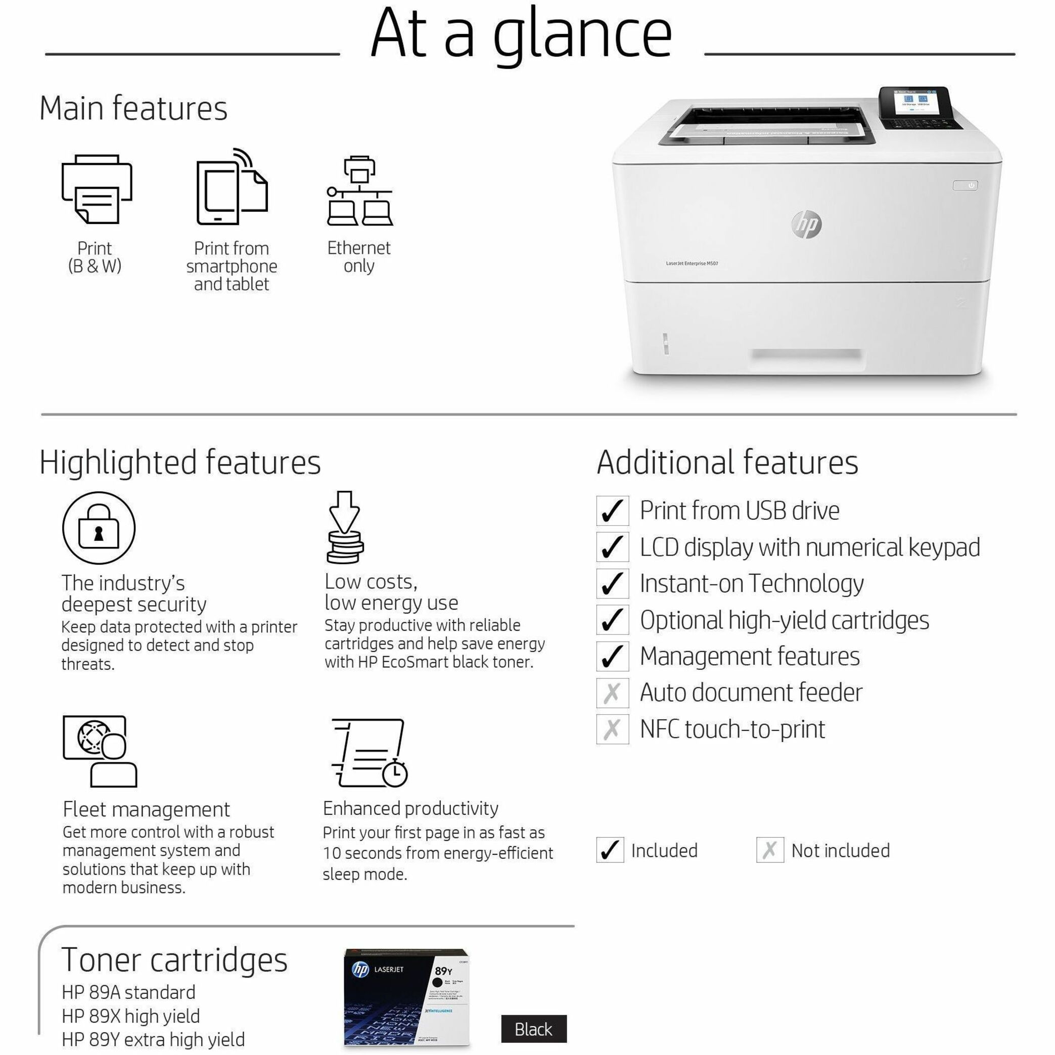 HP LaserJet Enterprise M507 M507n Desktop Laser Printer - Monochrome - 45 ppm Mono - 1200 x 1200 dpi Print - Manual Duplex Print - 650 Sheets Input - Ethernet - 150000 Pages Duty Cycle - Plain Paper Print - Gigabit Ethernet - USB — alternate image1