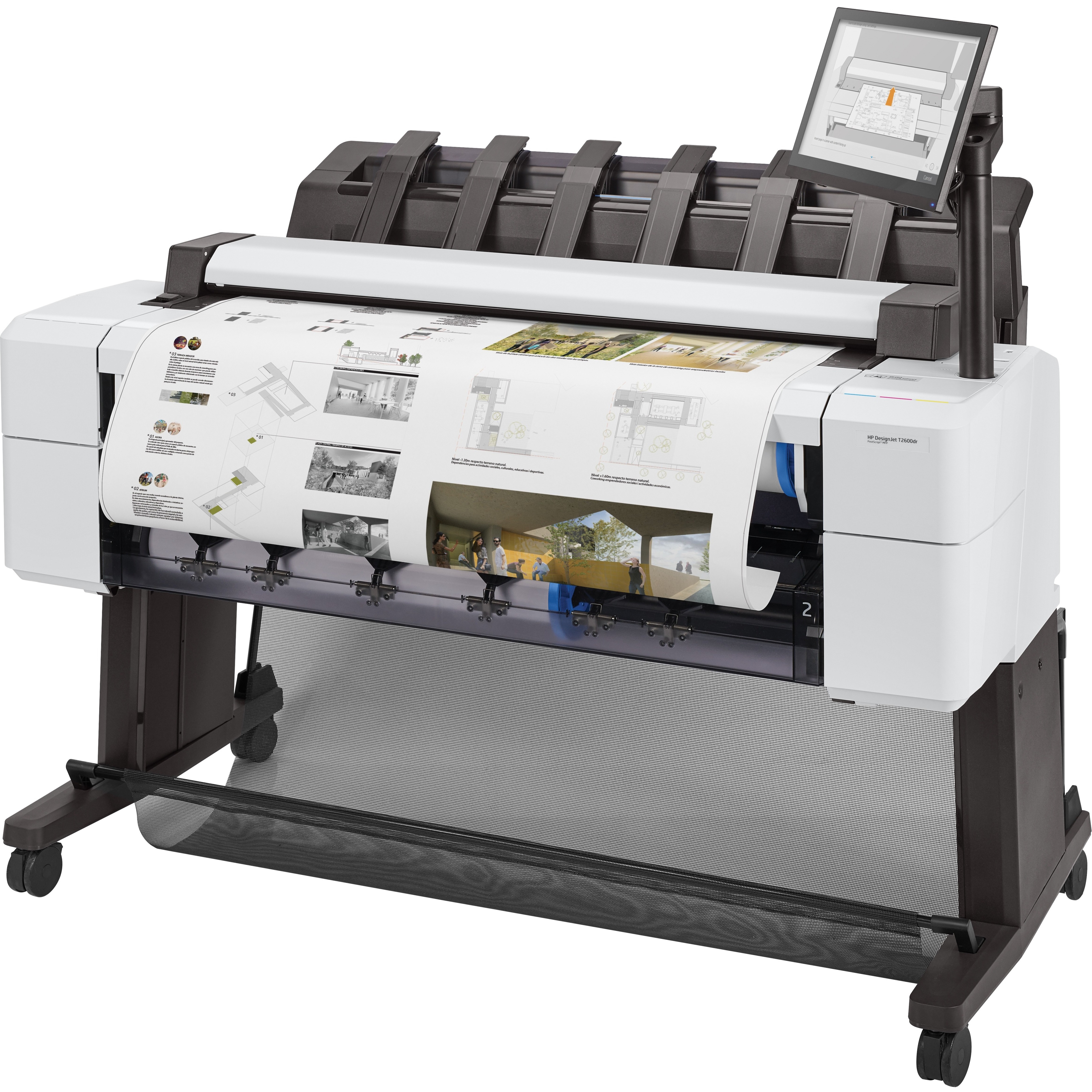 HP Designjet T2600dr PostScript Inkjet Large Format Printer - Includes Printer, Scanner, Copier - 36" Print Width - Color - 6 Color(s) - 19.3 Second Color Speed - 2400 x 1200 dpi - Ethernet - Sheetfed Color Scan - Sheetfed Color Copy - Roll Paper, Plain Paper, Cut Sheet, Bond Paper, Coated Paper, Heavyweight Coated Paper, Super Heavyweight Plus Matte, Color Paper, Technical Paper, Tracing Paper, Translucent Bond, ... - Floor Standing Supported — leftmaximum