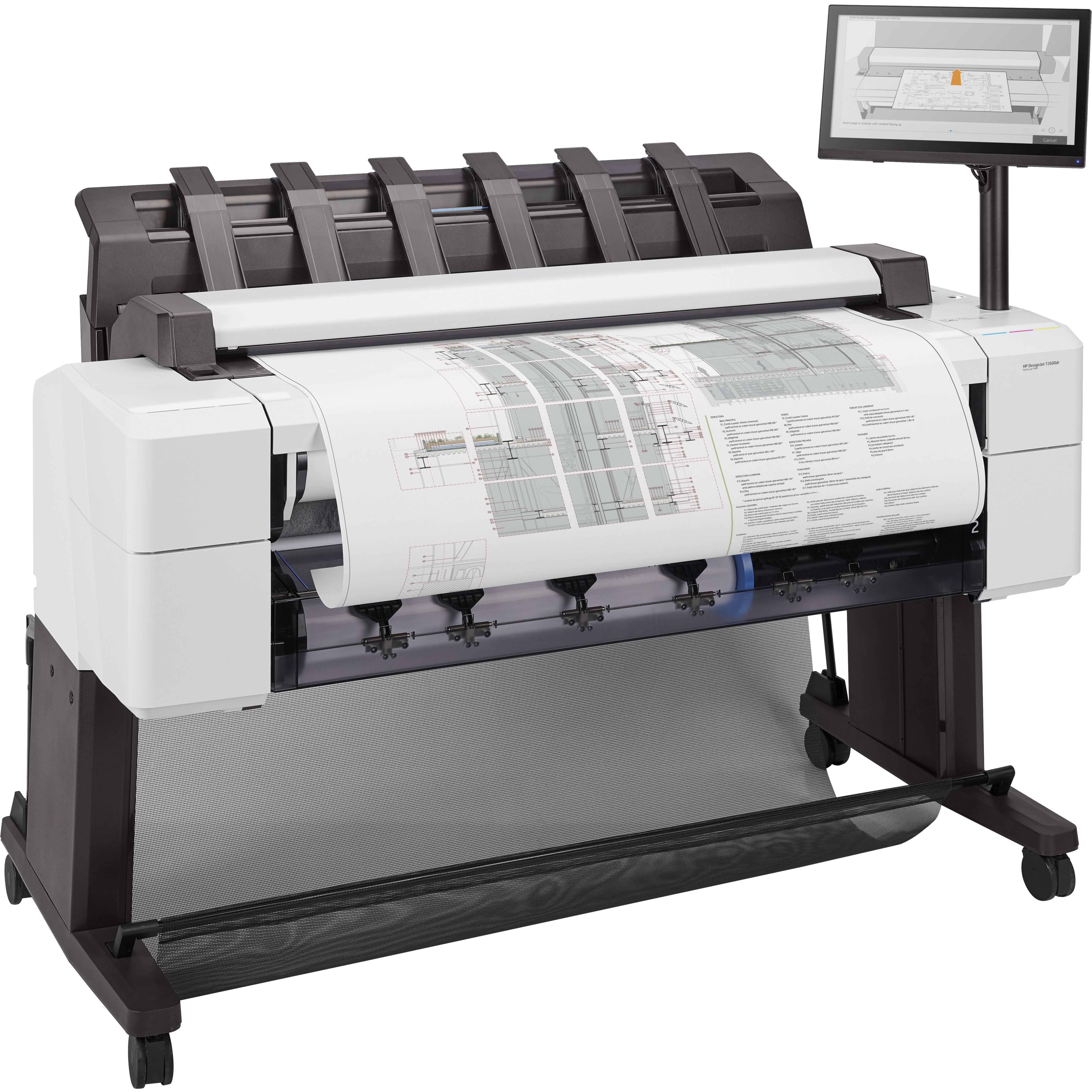 HP Designjet T2600dr PostScript Inkjet Large Format Printer - Includes Printer, Scanner, Copier - 36" Print Width - Color - 6 Color(s) - 19.3 Second Color Speed - 2400 x 1200 dpi - Ethernet - Sheetfed Color Scan - Sheetfed Color Copy - Roll Paper, Plain Paper, Cut Sheet, Bond Paper, Coated Paper, Heavyweight Coated Paper, Super Heavyweight Plus Matte, Color Paper, Technical Paper, Tracing Paper, Translucent Bond, ... - Floor Standing Supported — right
